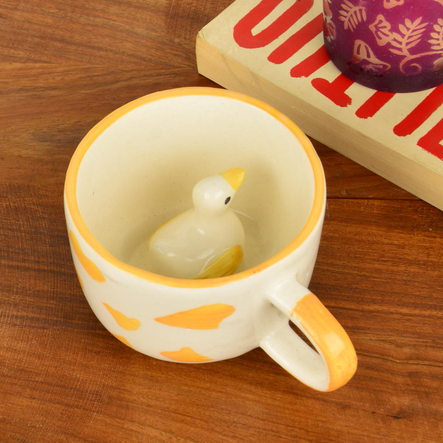 Handcrafted 3D Duck Ceramic Milk and Coffee Mug with Artisanal Glaze (350 ml, Yellow & White)