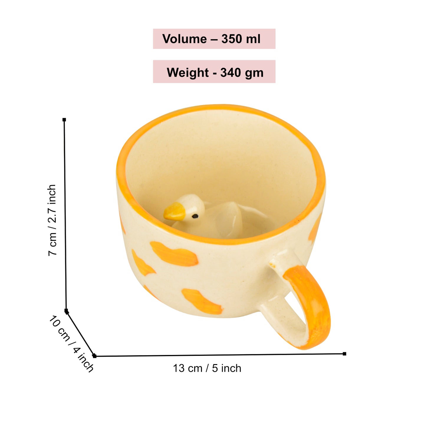Handcrafted 3D Duck Ceramic Milk and Coffee Mug with Artisanal Glaze (350 ml, Yellow & White) - View 2