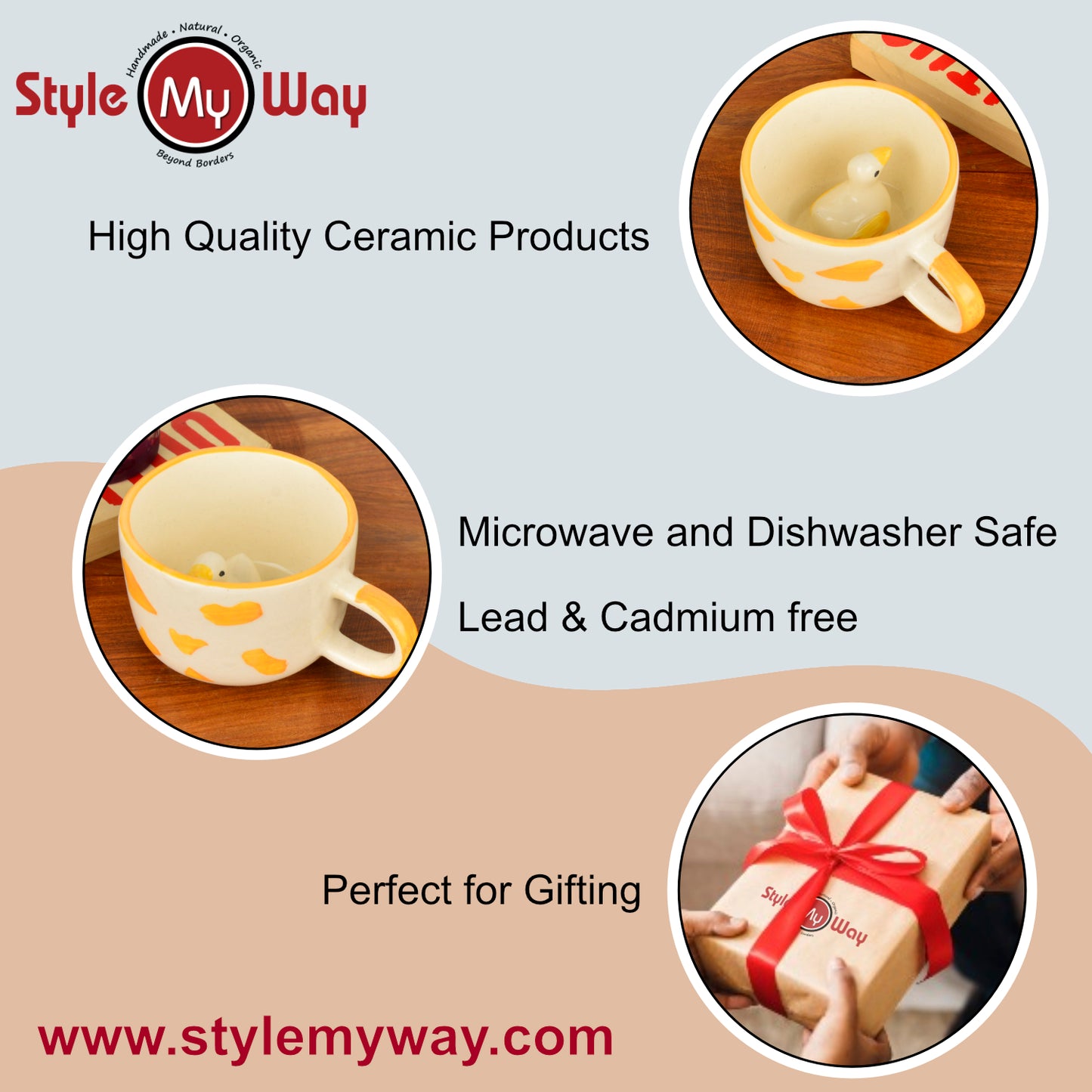 Handcrafted 3D Duck Ceramic Milk and Coffee Mug with Artisanal Glaze (350 ml, Yellow & White) - View 4