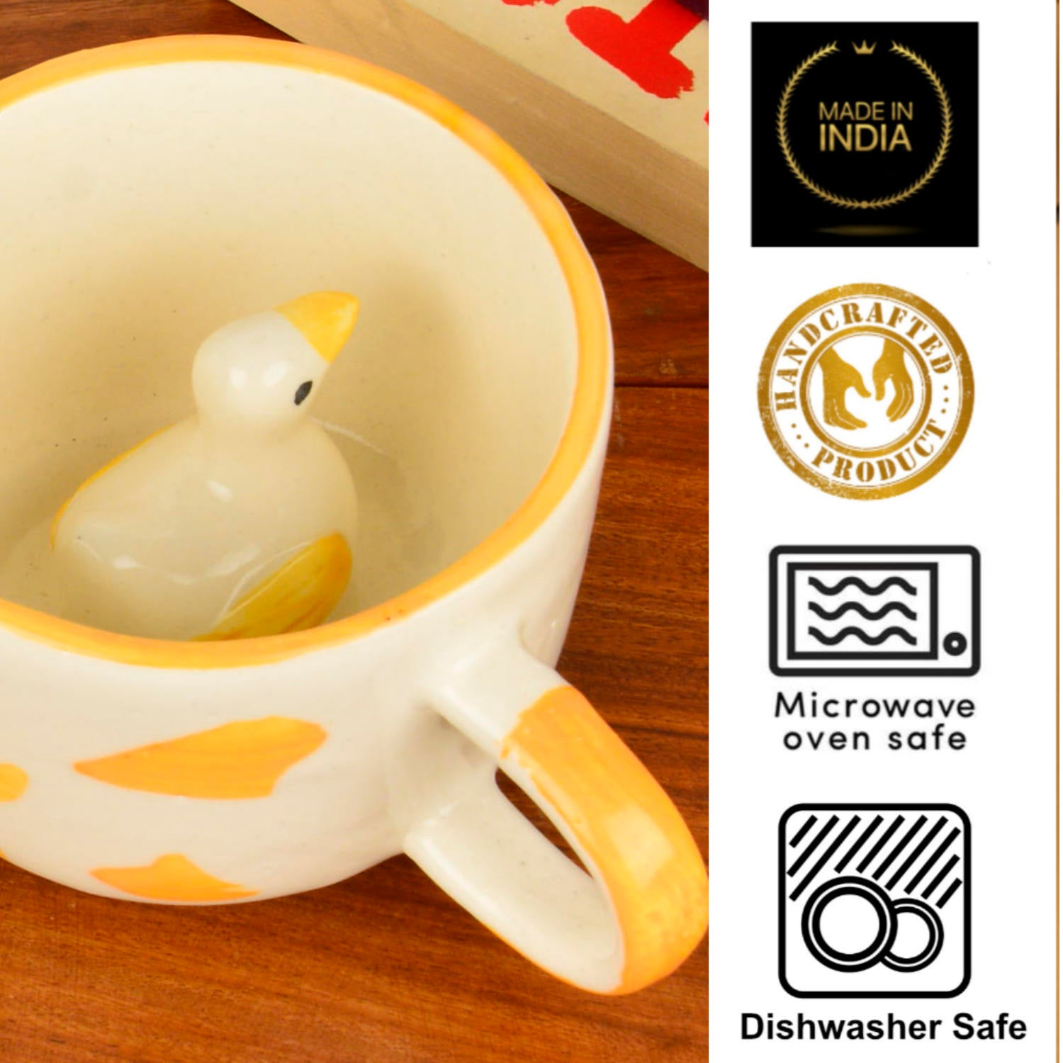 Handcrafted 3D Duck Ceramic Milk and Coffee Mug with Artisanal Glaze (350 ml, Yellow & White) - View 5