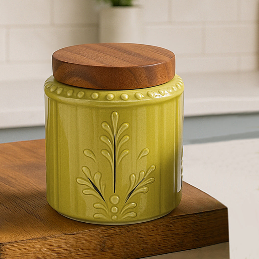 Hand Glazed Multi Utility Embossed Ceramic Jar with Airtight Sheesham Wood Lid ( 500 ml, Olive Green)