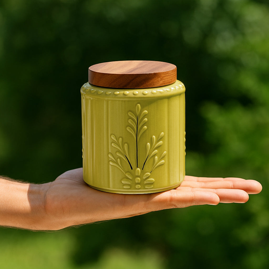 Hand Glazed Multi Utility Embossed Ceramic Jar with Airtight Sheesham Wood Lid ( 500 ml, Olive Green) - View 2