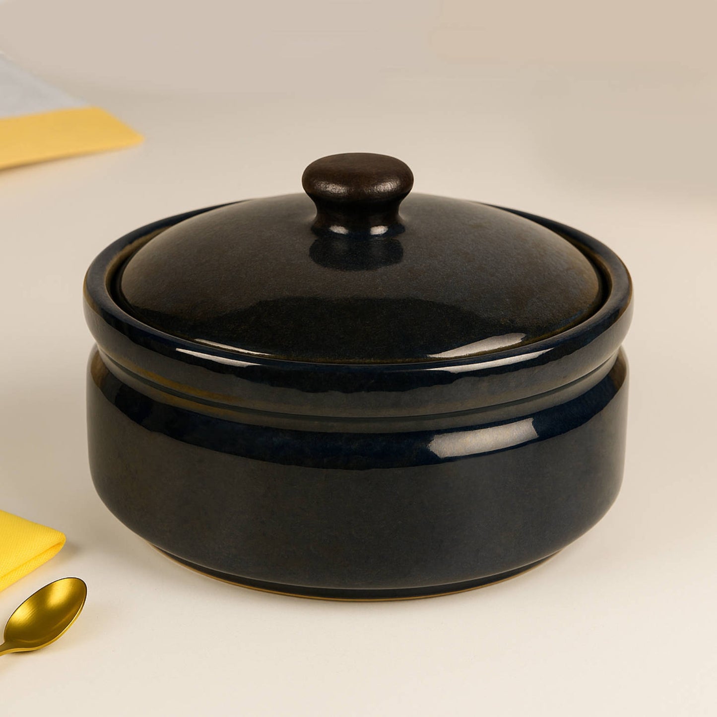 “the LUXE” Studio Pottery Ceramic Serving Donga Casserole with Lid (1000 ml, Steel Blue)