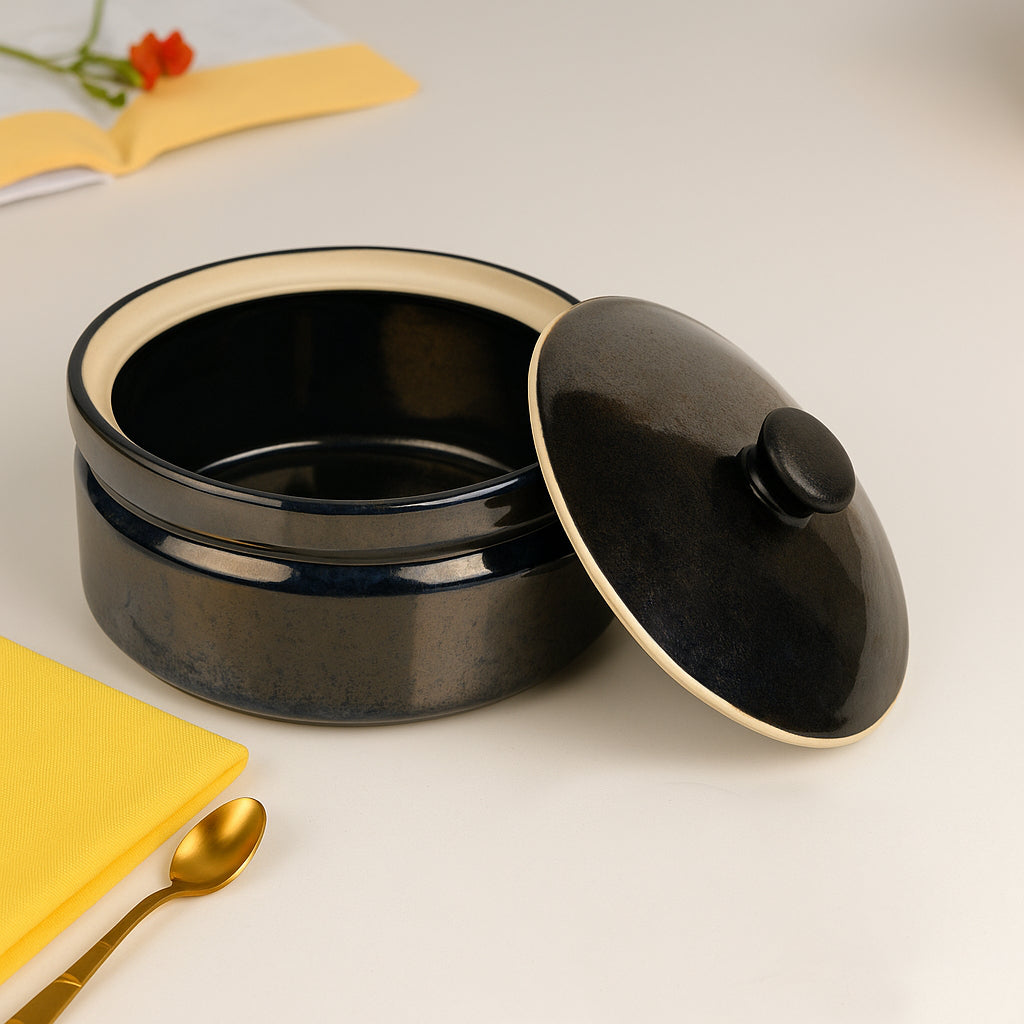 “the LUXE” Studio Pottery Ceramic Serving Donga Casserole with Lid (1000 ml, Steel Blue) - View 3