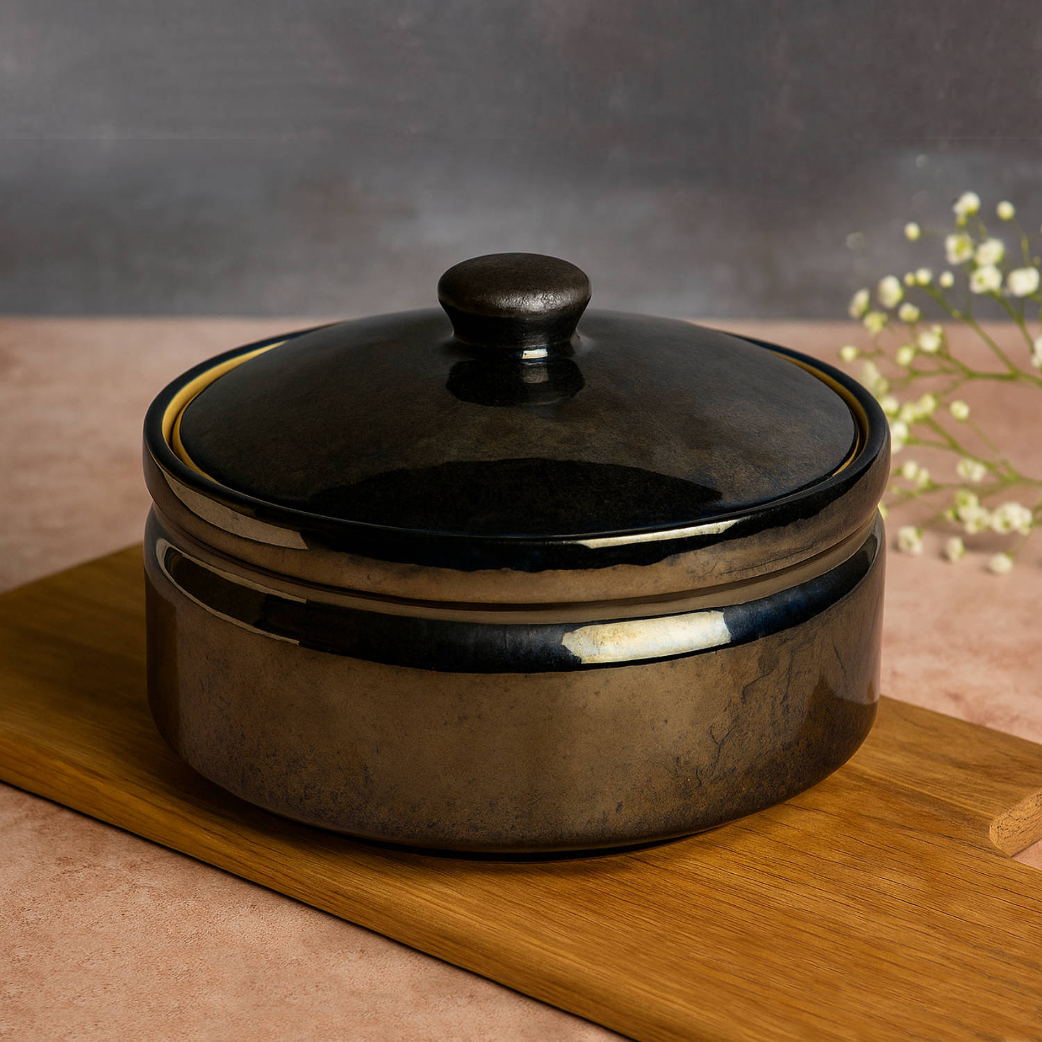 “the LUXE” Studio Pottery Ceramic Serving Donga Casserole with Lid (1000 ml, Steel Blue) - View 5