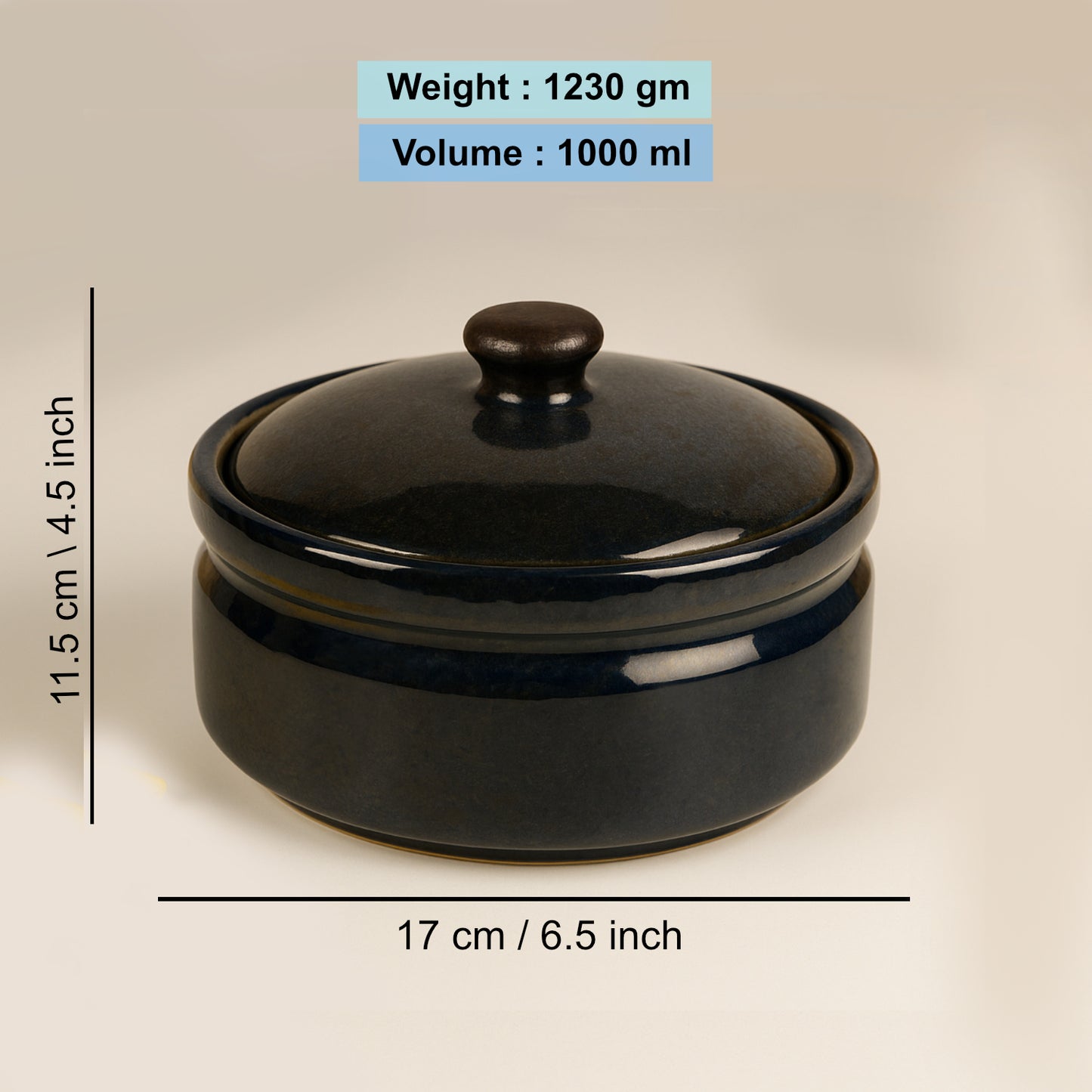 “the LUXE” Studio Pottery Ceramic Serving Donga Casserole with Lid (1000 ml, Steel Blue) - View 2