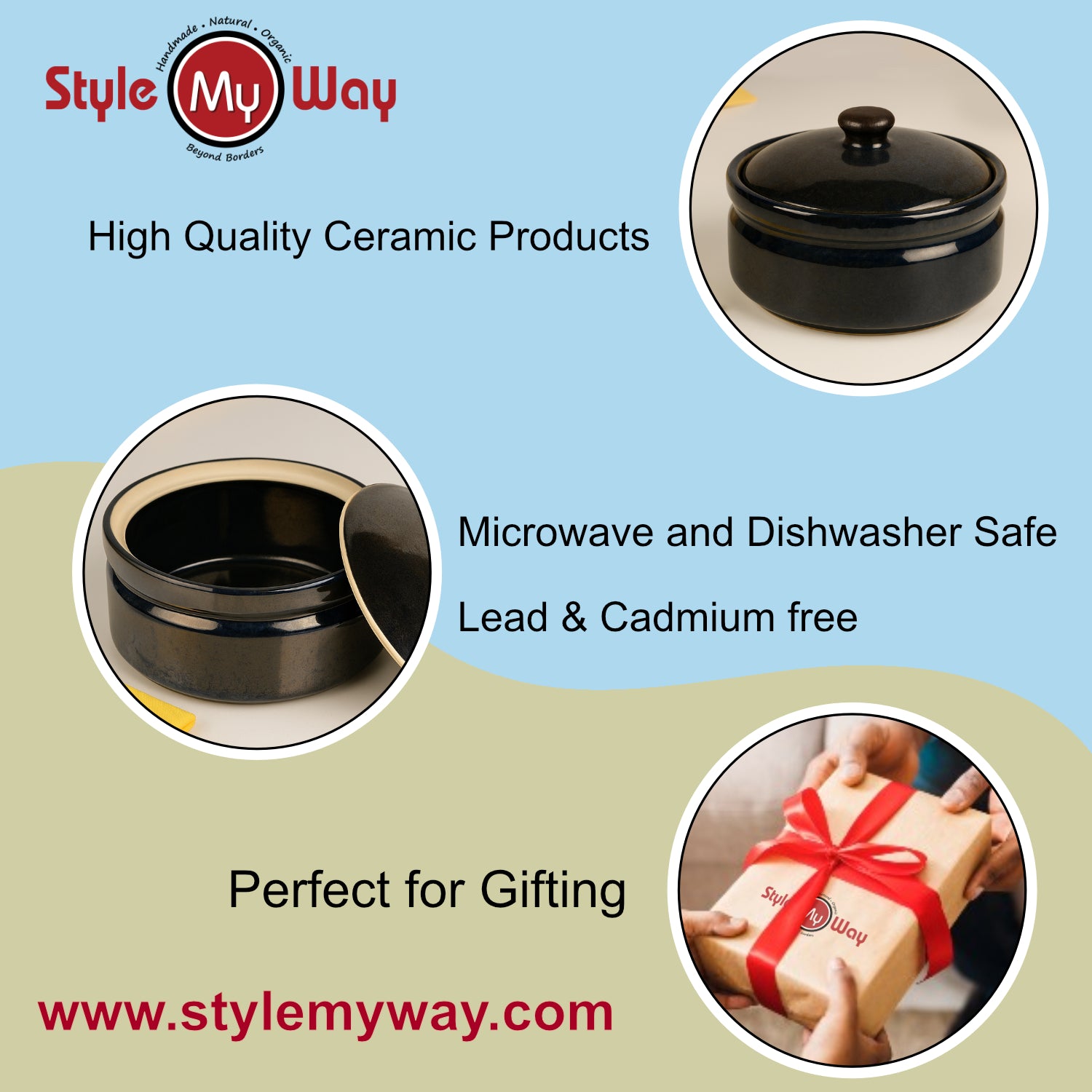 “the LUXE” Studio Pottery Ceramic Serving Donga Casserole with Lid (1000 ml, Steel Blue) - View 6