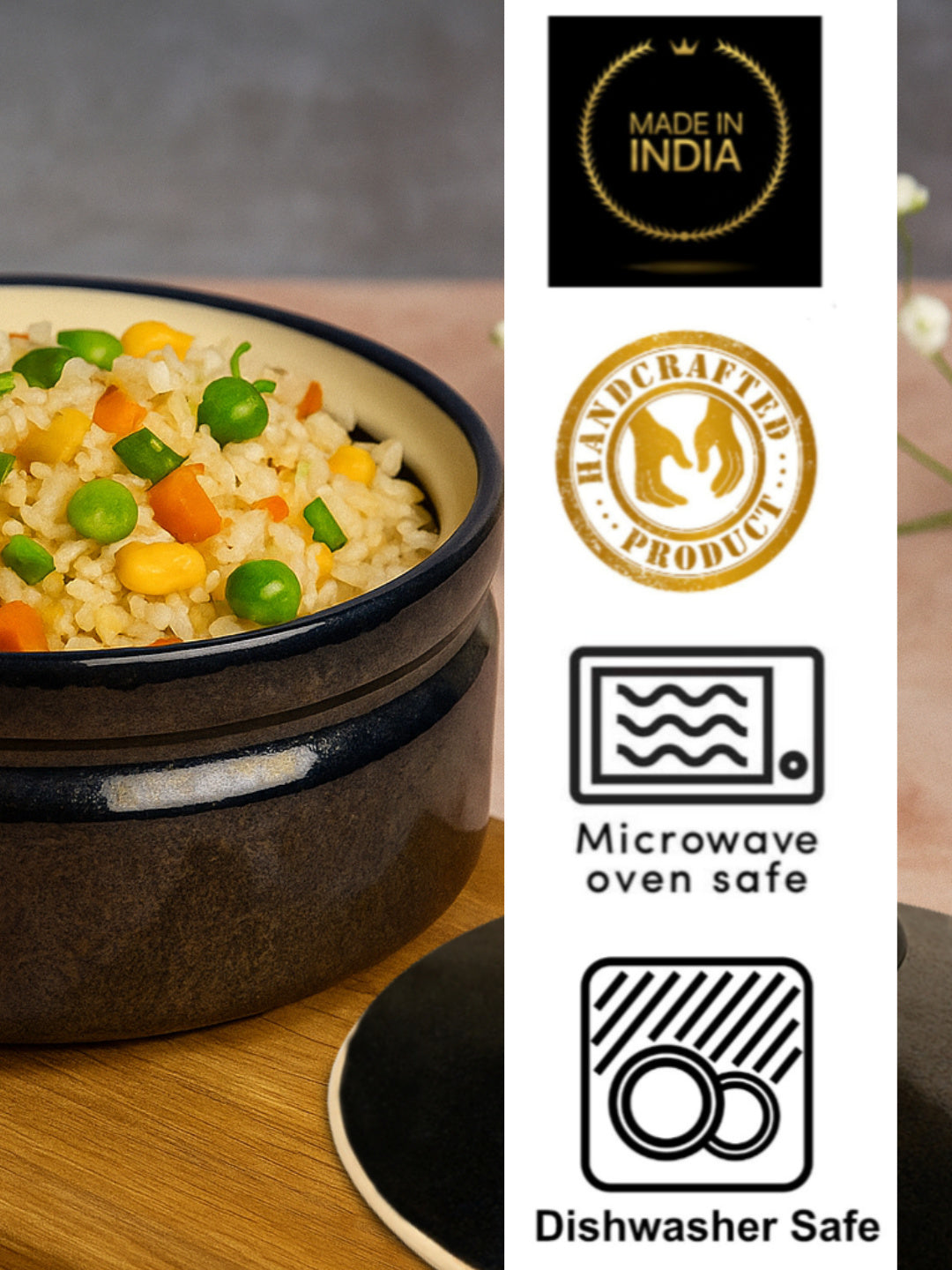 “the LUXE” Studio Pottery Ceramic Serving Donga Casserole with Lid (1000 ml, Steel Blue) - View 7