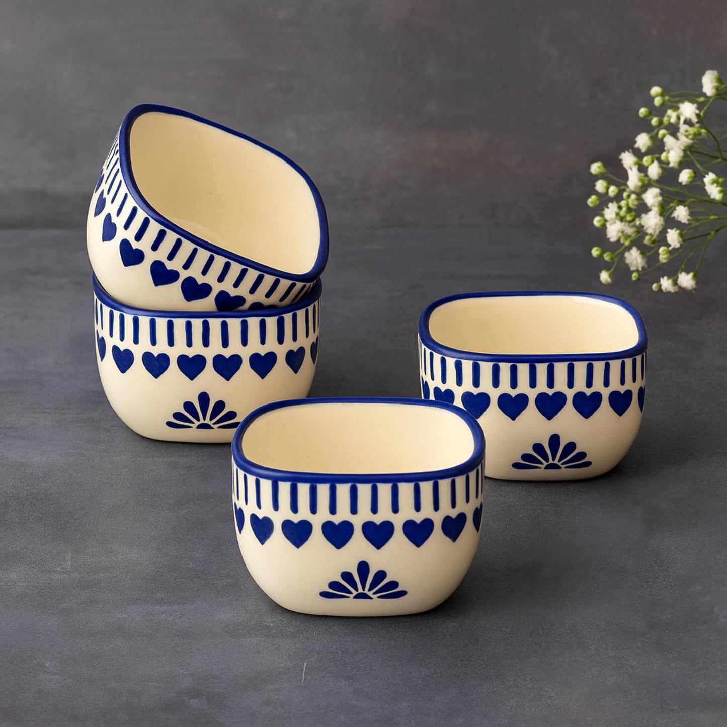 Hand-Painted Square Ceramic Dip Bowls (50 ml, White & Blue, Set of 4)