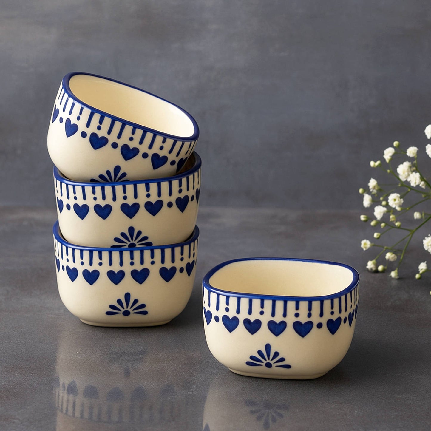 Hand-Painted Square Ceramic Dip Bowls (50 ml, White & Blue, Set of 4) - View 3