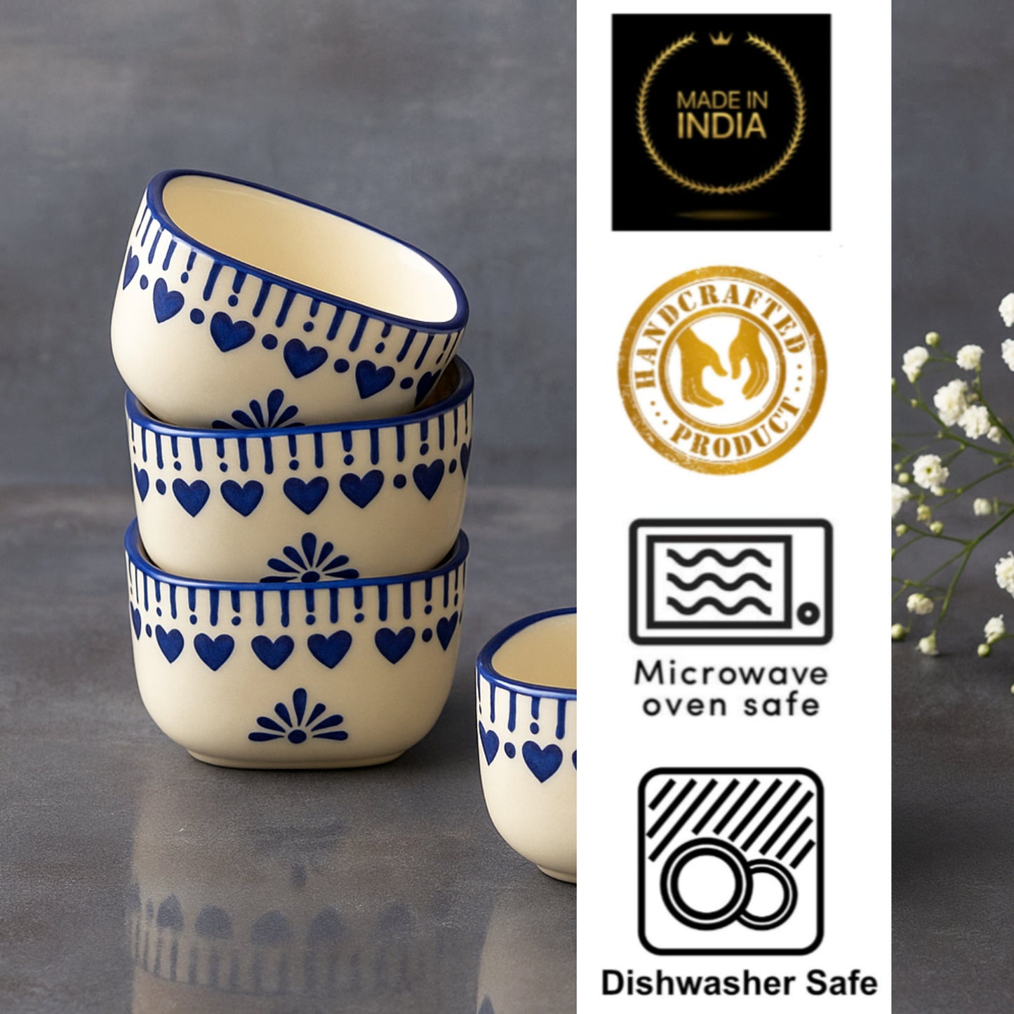 Hand-Painted Square Ceramic Dip Bowls (50 ml, White & Blue, Set of 4) - View 4