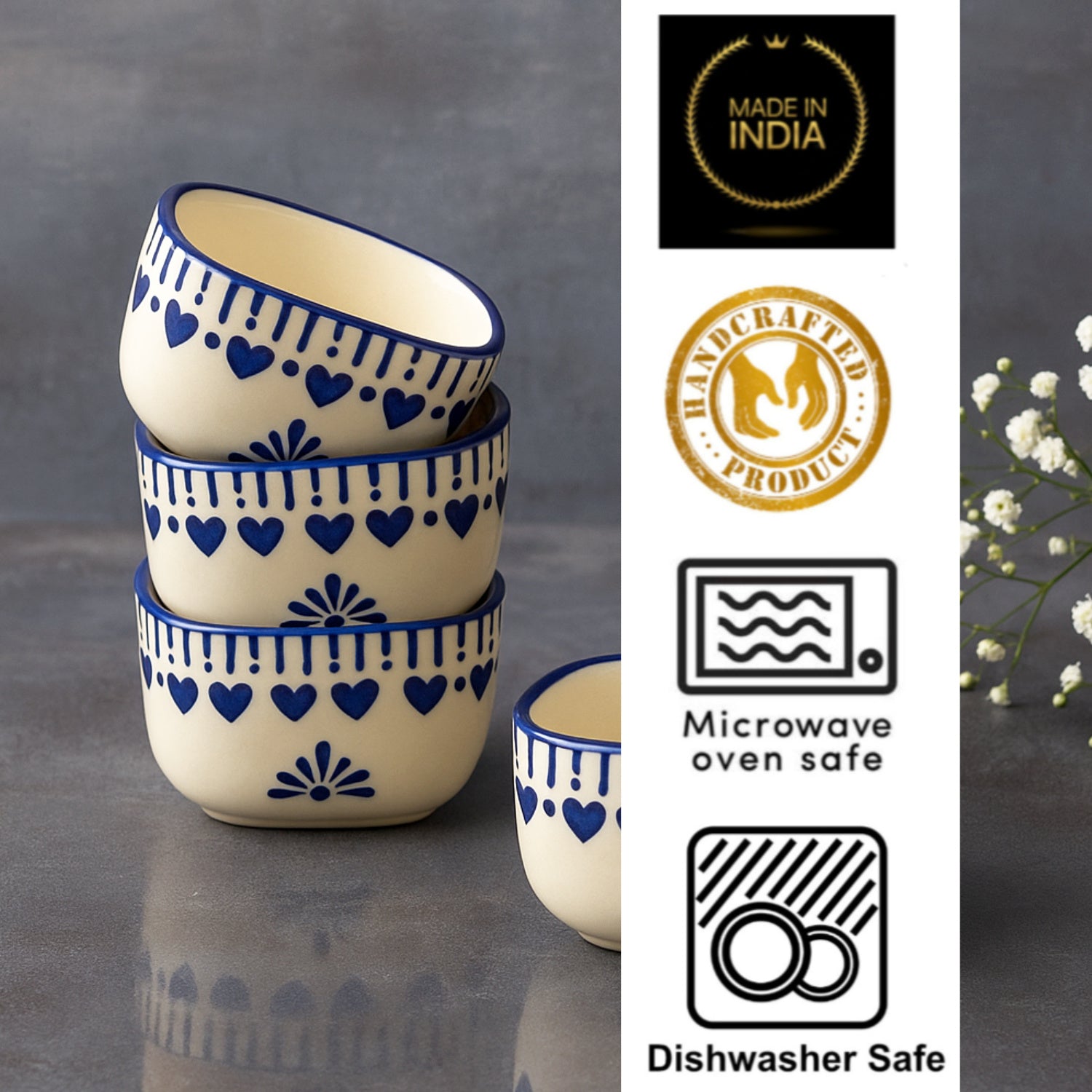 Hand-Painted Square Ceramic Dip Bowls (50 ml, White & Blue, Set of 4) - View 4