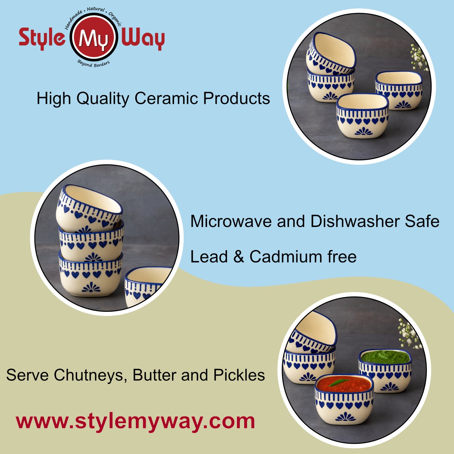 Hand-Painted Square Ceramic Dip Bowls (50 ml, White & Blue, Set of 4) - View 5