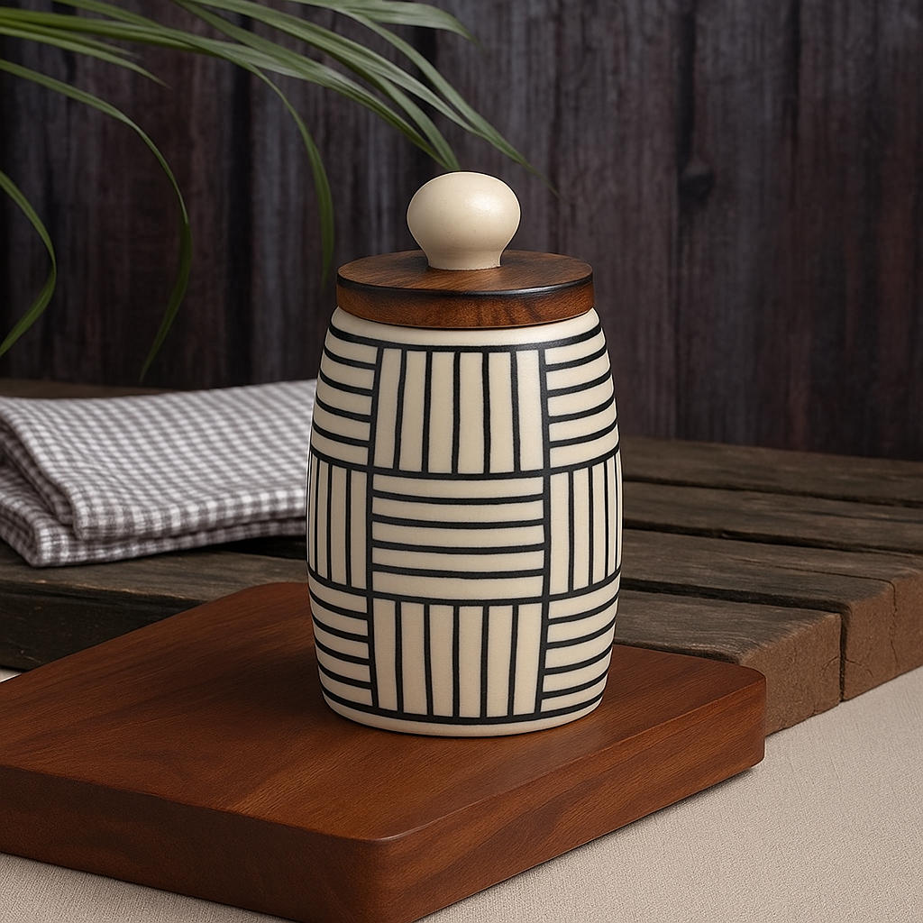 Handpainted Multi Utility Storage Airtight Ceramic Jar with Wooden Lid (400 ml, Off White and Black)