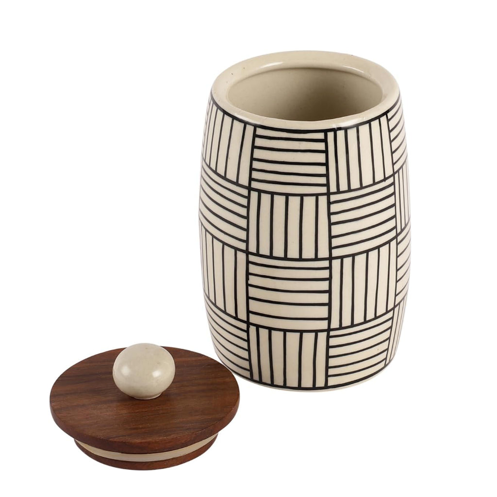 Handpainted Multi Utility Storage Airtight Ceramic Jar with Wooden Lid (400 ml, Off White and Black) - View 4