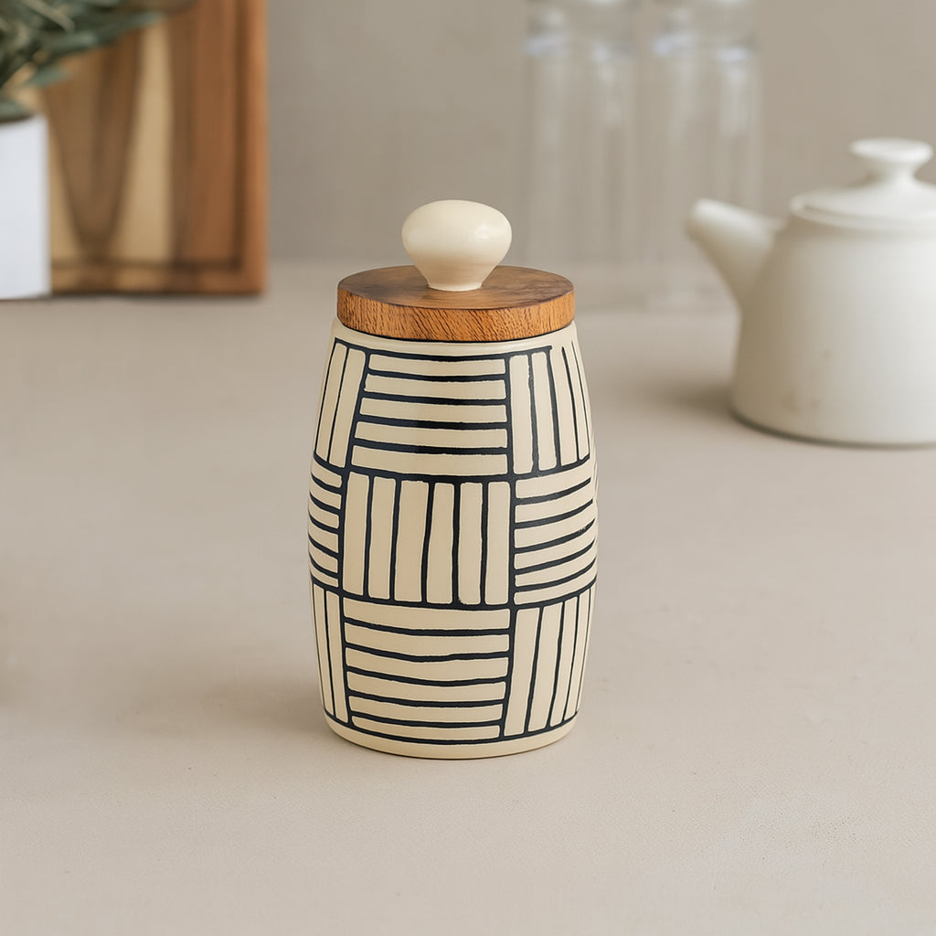 Handpainted Multi Utility Storage Airtight Ceramic Jar with Wooden Lid (400 ml, Off White and Black) - View 5