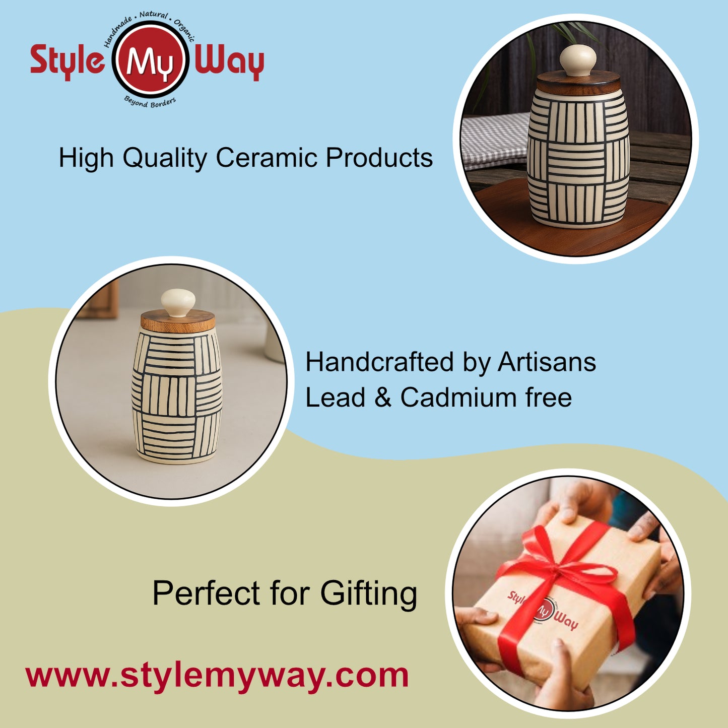 Handpainted Multi Utility Storage Airtight Ceramic Jar with Wooden Lid (400 ml, Off White and Black) - View 6