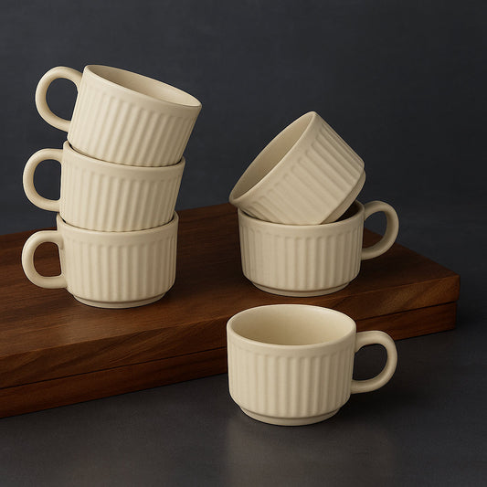 Studio Pottery Stackable Ribbed Ceramic Coffee Mugs (200 ml, Set of 6, Beige)