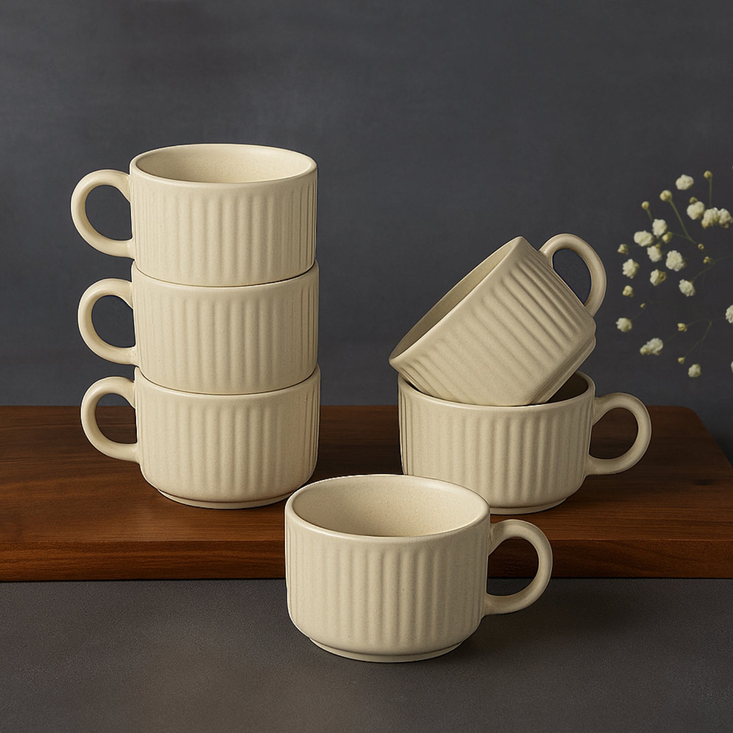 Studio Pottery Stackable Ribbed Ceramic Coffee Mugs (200 ml, Set of 6, Beige) - View 3