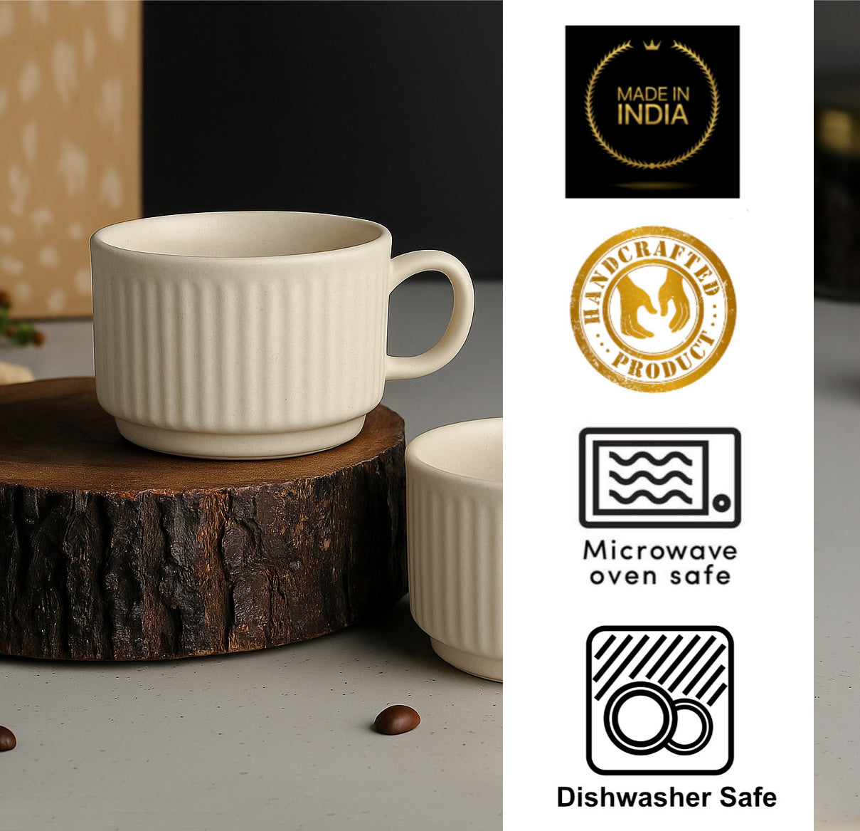 Studio Pottery Stackable Ribbed Ceramic Coffee Mugs (200 ml, Set of 6, Beige) - View 4