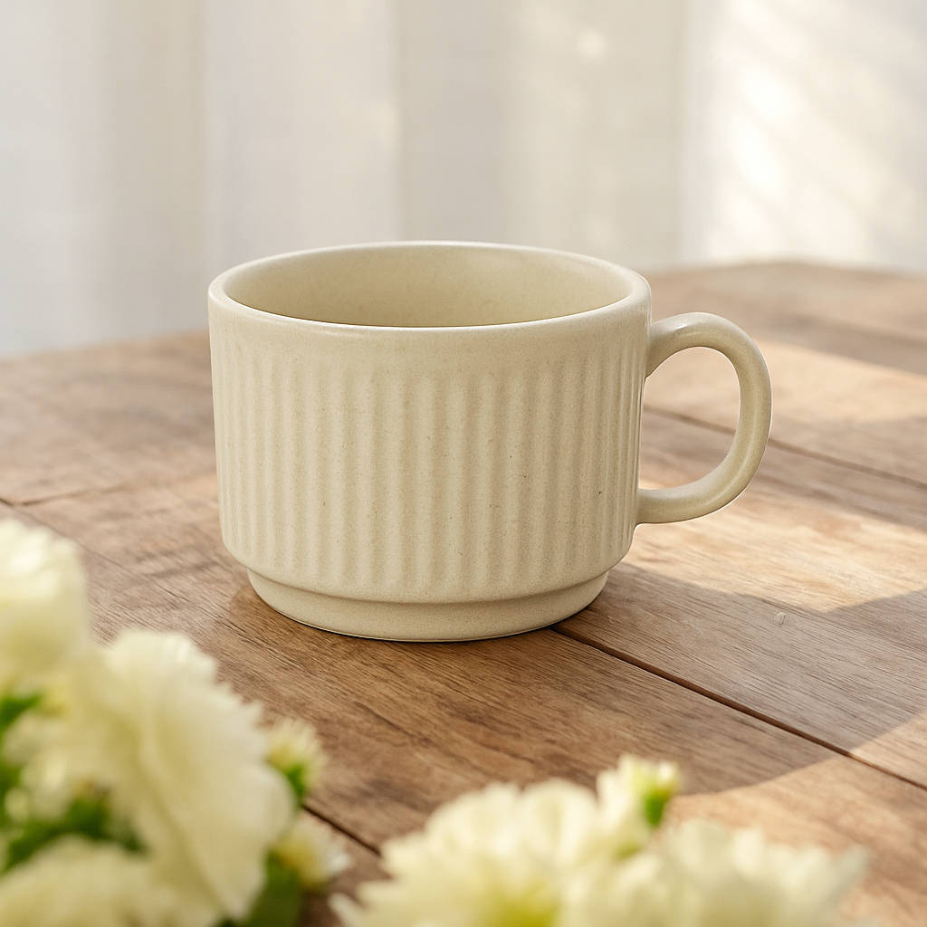 Studio Pottery Stackable Ribbed Ceramic Coffee Mugs (200 ml, Set of 6, Beige) - View 5