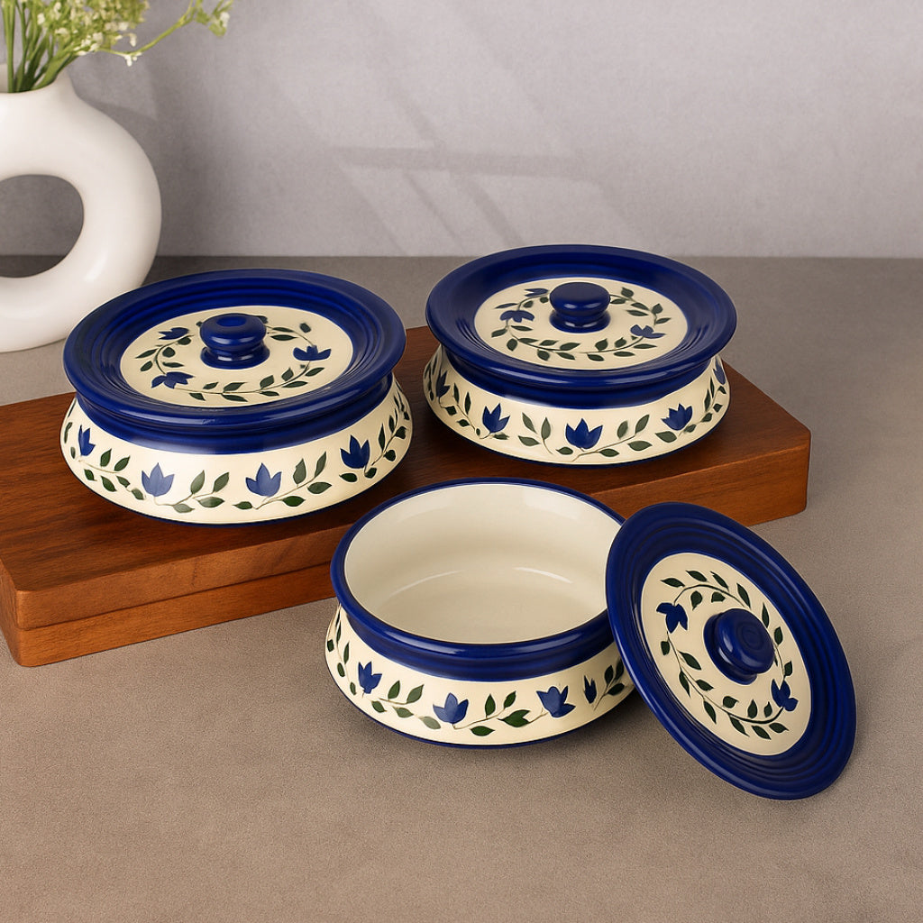 Hand Painted Ceramic Handi with Lid (Set of 3, 1500 ml, 1000 ml and 700 ml, Blue & White )