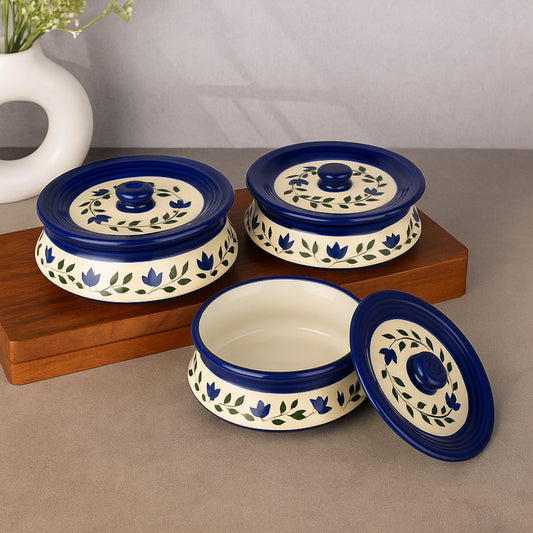 Hand Painted Ceramic Handi with Lid (Set of 3, 1500 ml, 1000 ml and 700 ml, Blue & White )