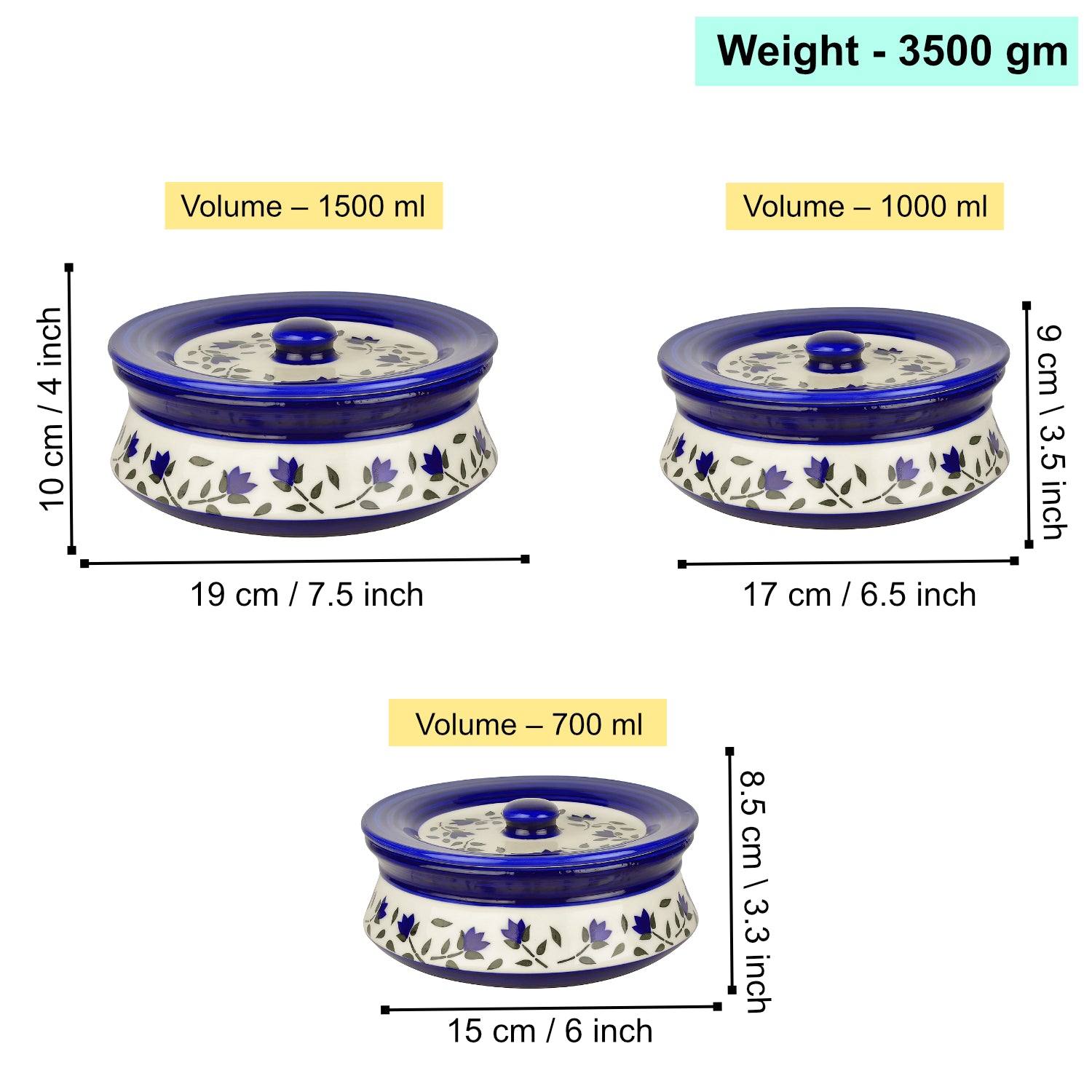 Hand Painted Ceramic Handi with Lid (Set of 3, 1500 ml, 1000 ml and 700 ml, Blue & White ) - View 2