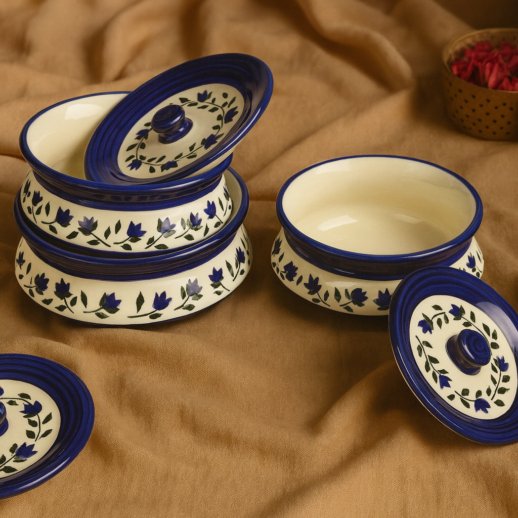 Hand Painted Ceramic Handi with Lid (Set of 3, 1500 ml, 1000 ml and 700 ml, Blue & White ) - View 3