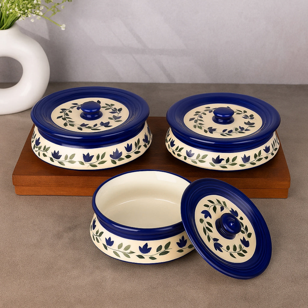 Hand Painted Ceramic Handi with Lid (Set of 3, 1500 ml, 1000 ml and 700 ml, Blue & White ) - View 4