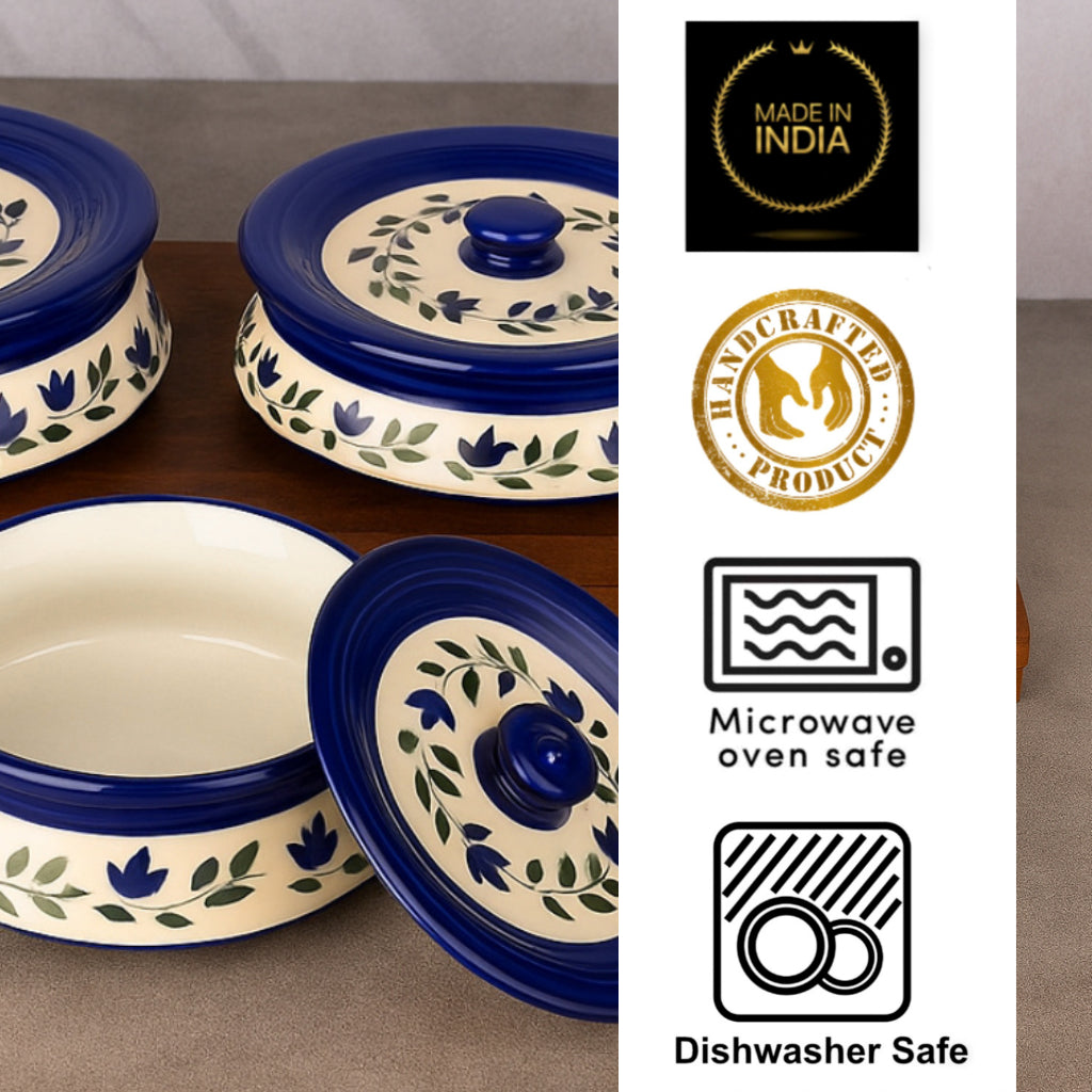 Hand Painted Ceramic Handi with Lid (Set of 3, 1500 ml, 1000 ml and 700 ml, Blue & White ) - View 5