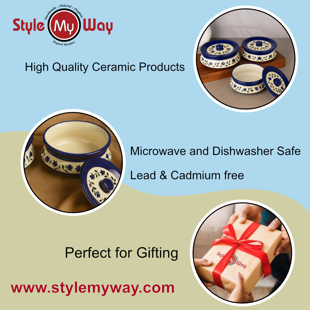 Hand Painted Ceramic Handi with Lid (Set of 3, 1500 ml, 1000 ml and 700 ml, Blue & White ) - View 6