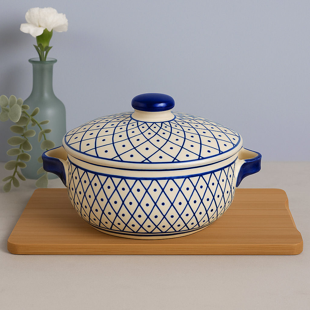 Hand-Painted Ceramic Serving Donga with Lid and Handle (1000 ml, Blue & Off White)