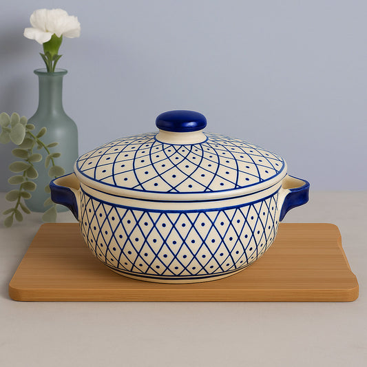 Hand-Painted Ceramic Serving Donga with Lid and Handle (1000 ml, Blue & Off White)