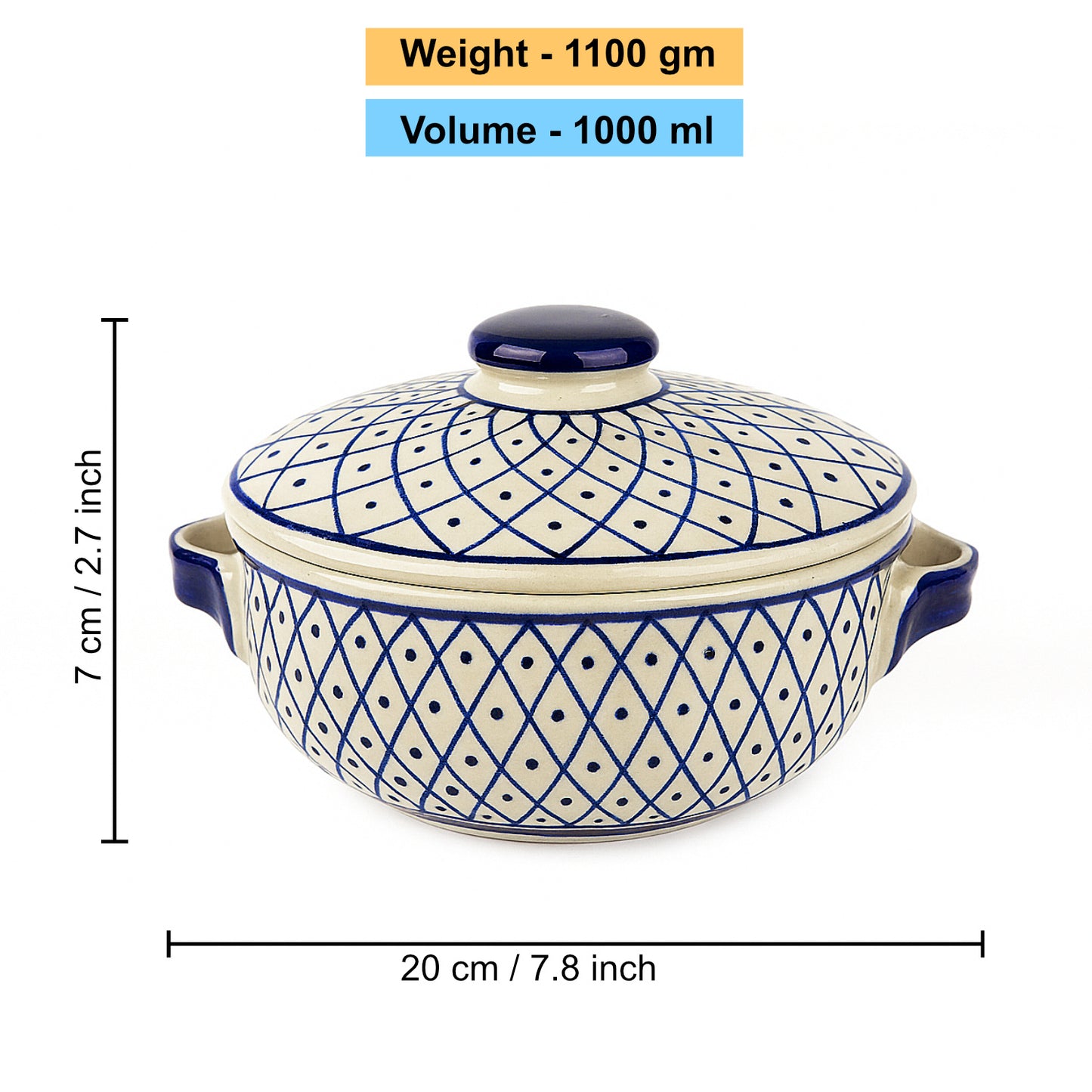 Hand-Painted Ceramic Serving Donga with Lid and Handle (1000 ml, Blue & Off White) - View 2