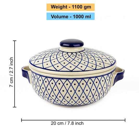 Hand-Painted Ceramic Serving Donga with Lid and Handle (1000 ml, Blue & Off White) - View 2
