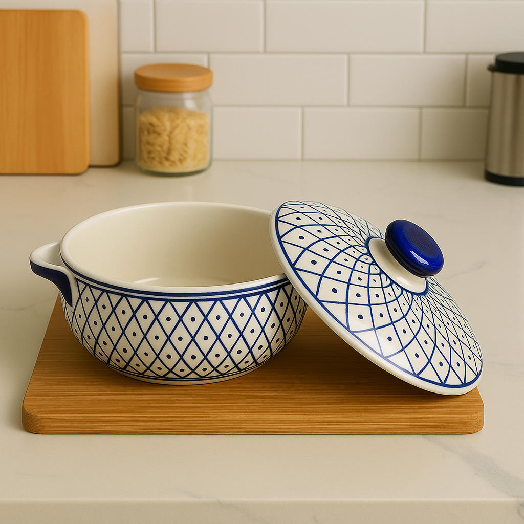 Hand-Painted Ceramic Serving Donga with Lid and Handle (1000 ml, Blue & Off White) - View 3