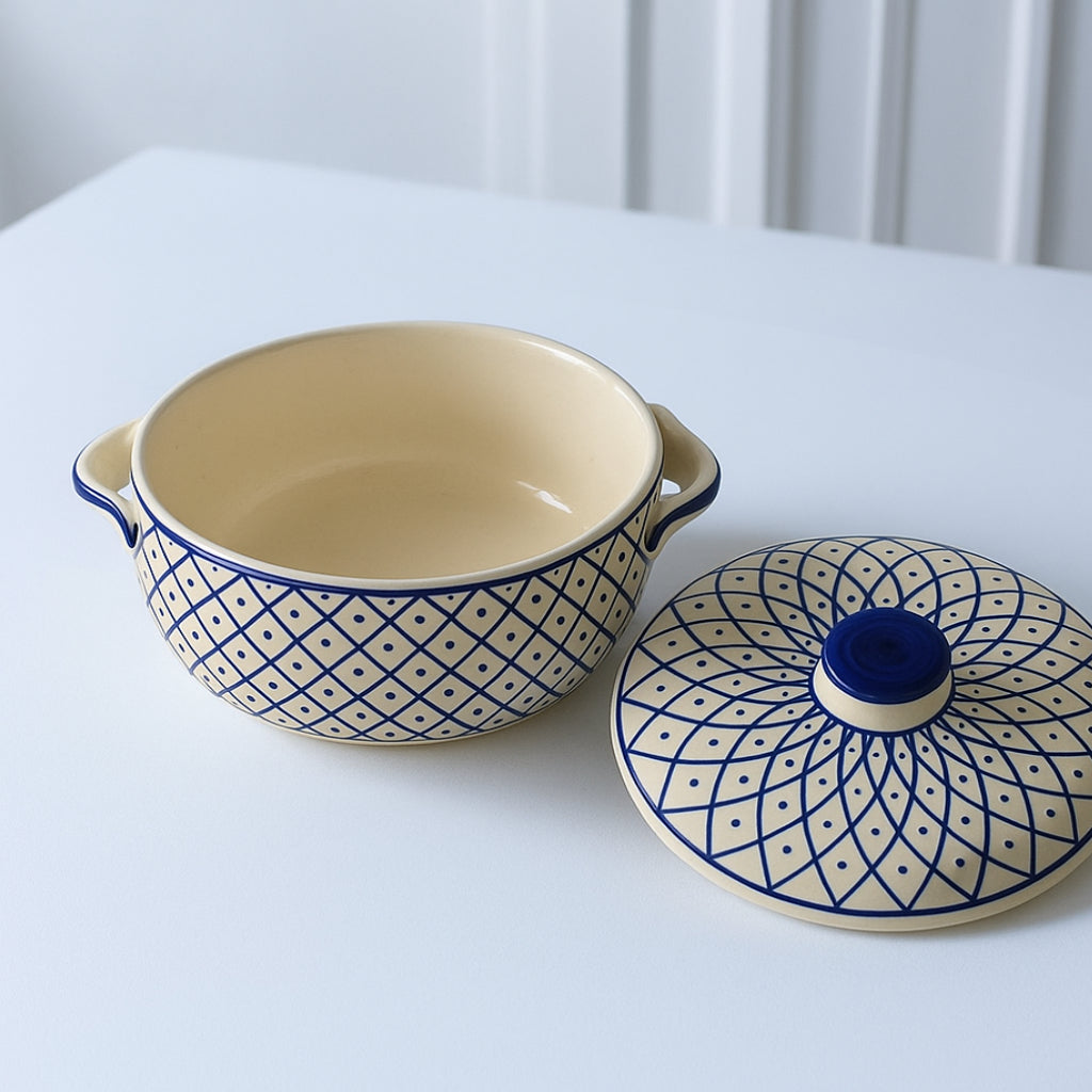 Hand-Painted Ceramic Serving Donga with Lid and Handle (1000 ml, Blue & Off White) - View 4