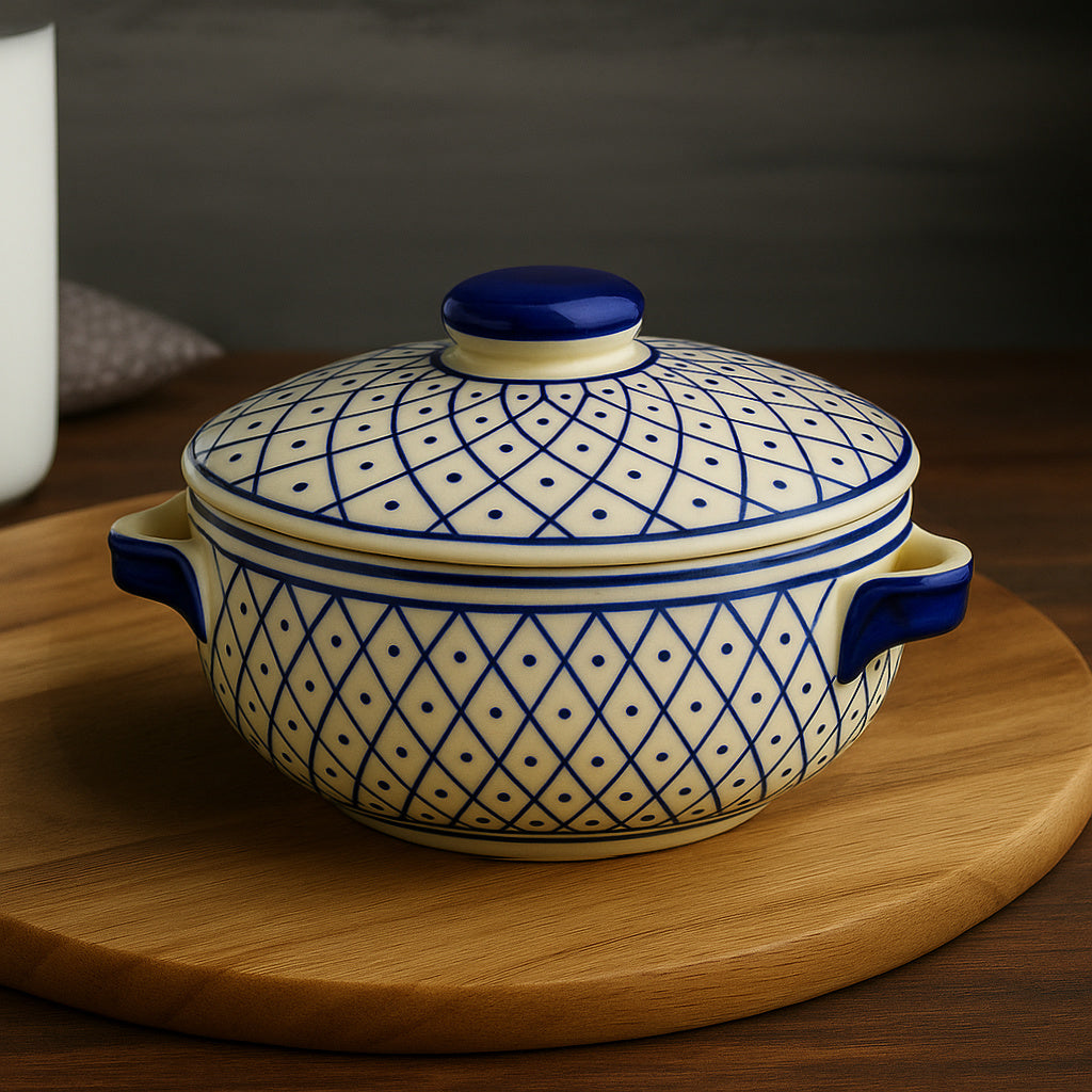 Hand-Painted Ceramic Serving Donga with Lid and Handle (1000 ml, Blue & Off White) - View 5