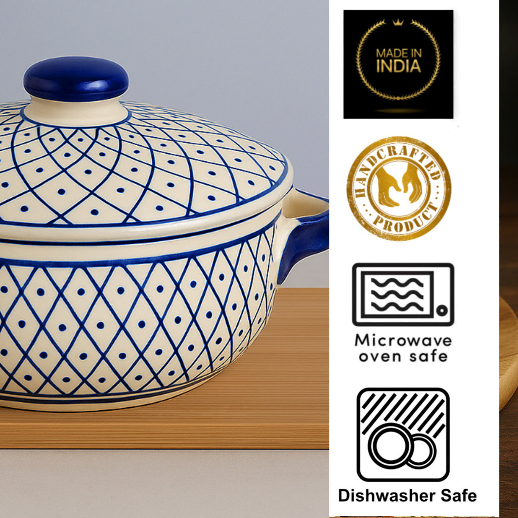 Hand-Painted Ceramic Serving Donga with Lid and Handle (1000 ml, Blue & Off White) - View 6