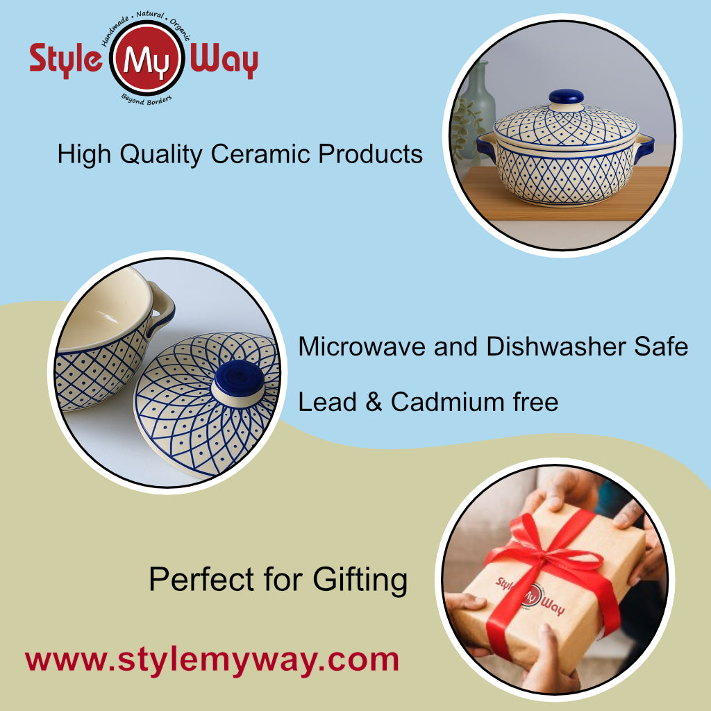 Hand-Painted Ceramic Serving Donga with Lid and Handle (1000 ml, Blue & Off White) - View 7