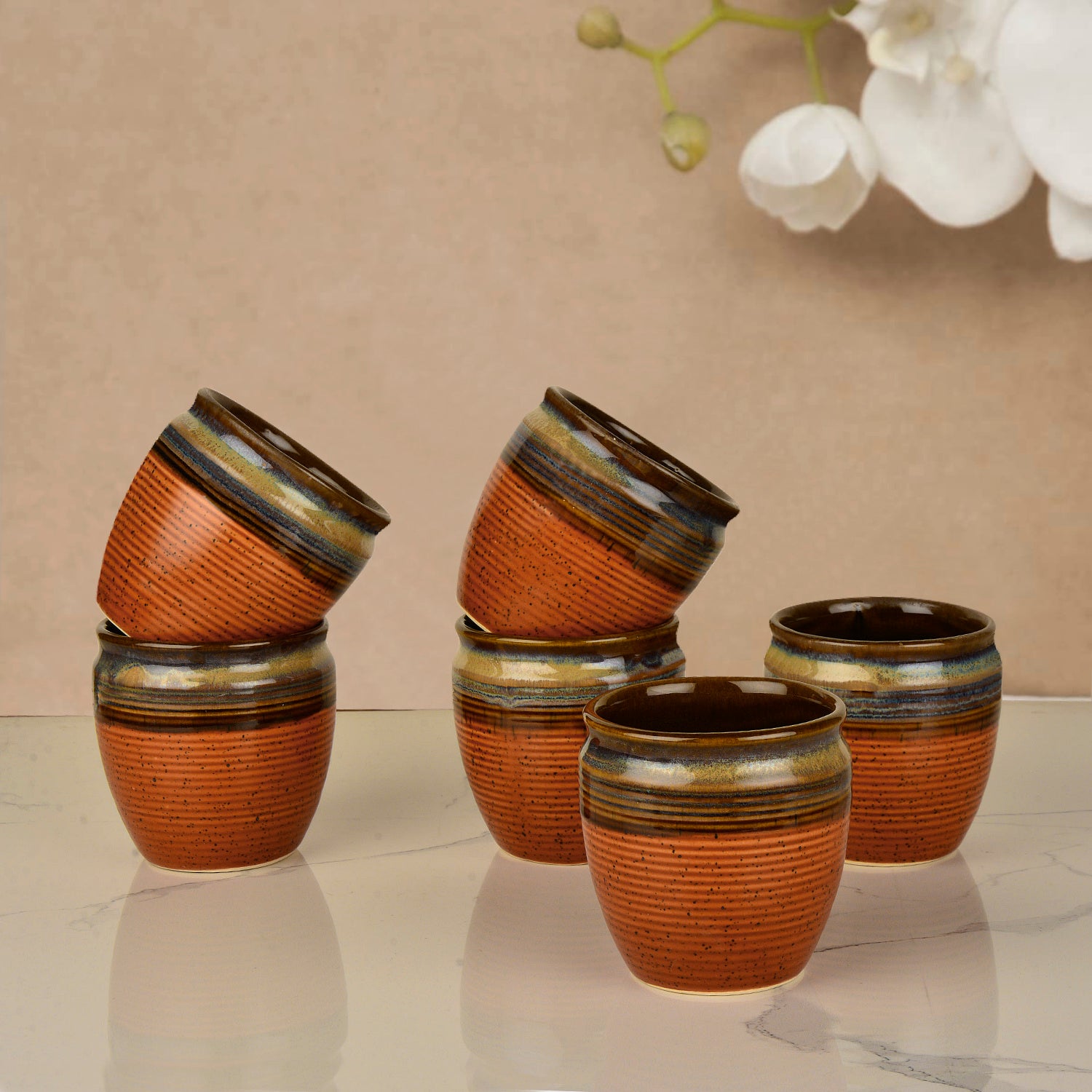 Studio Pottery Textured Ceramic Tea Kullads (Set of 6, Brown with Blue and Golden Drip Glaze, 200 ml)