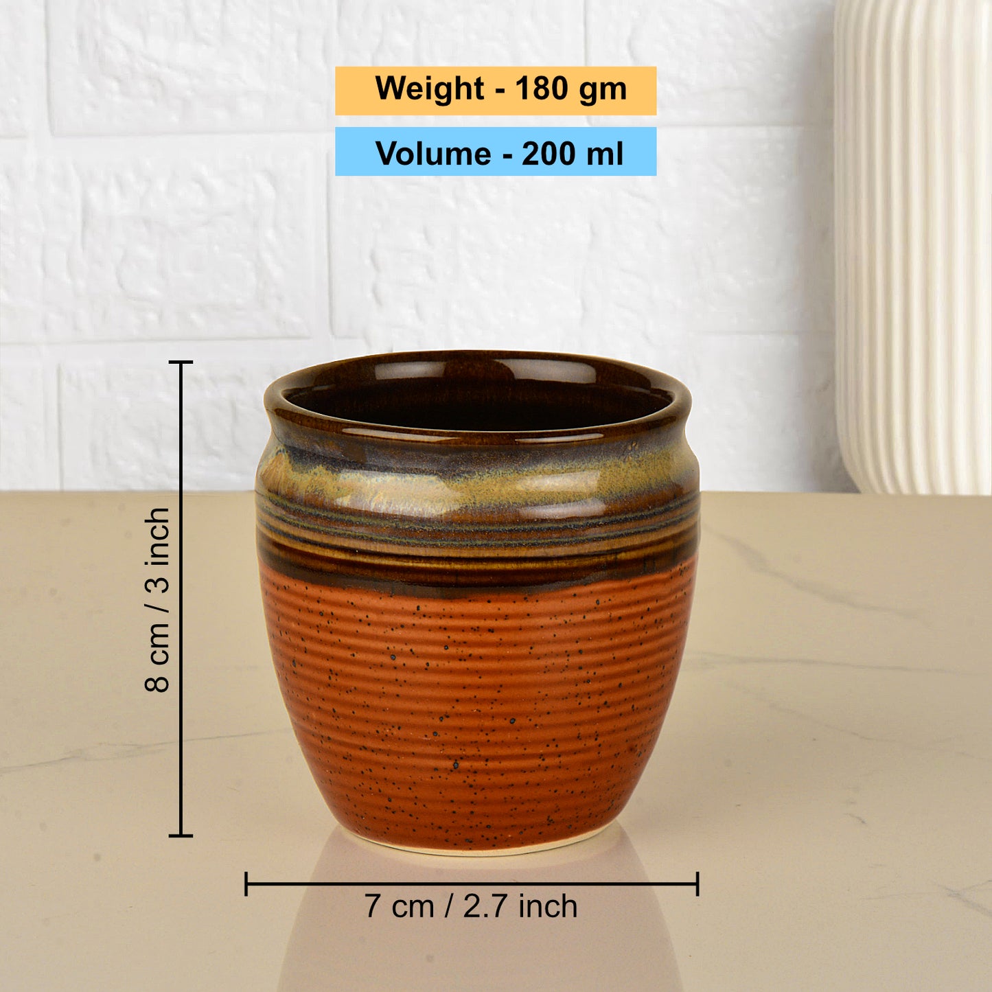 Studio Pottery Textured Ceramic Tea Kullads (Set of 6, Brown with Blue and Golden Drip Glaze, 200 ml) - View 2