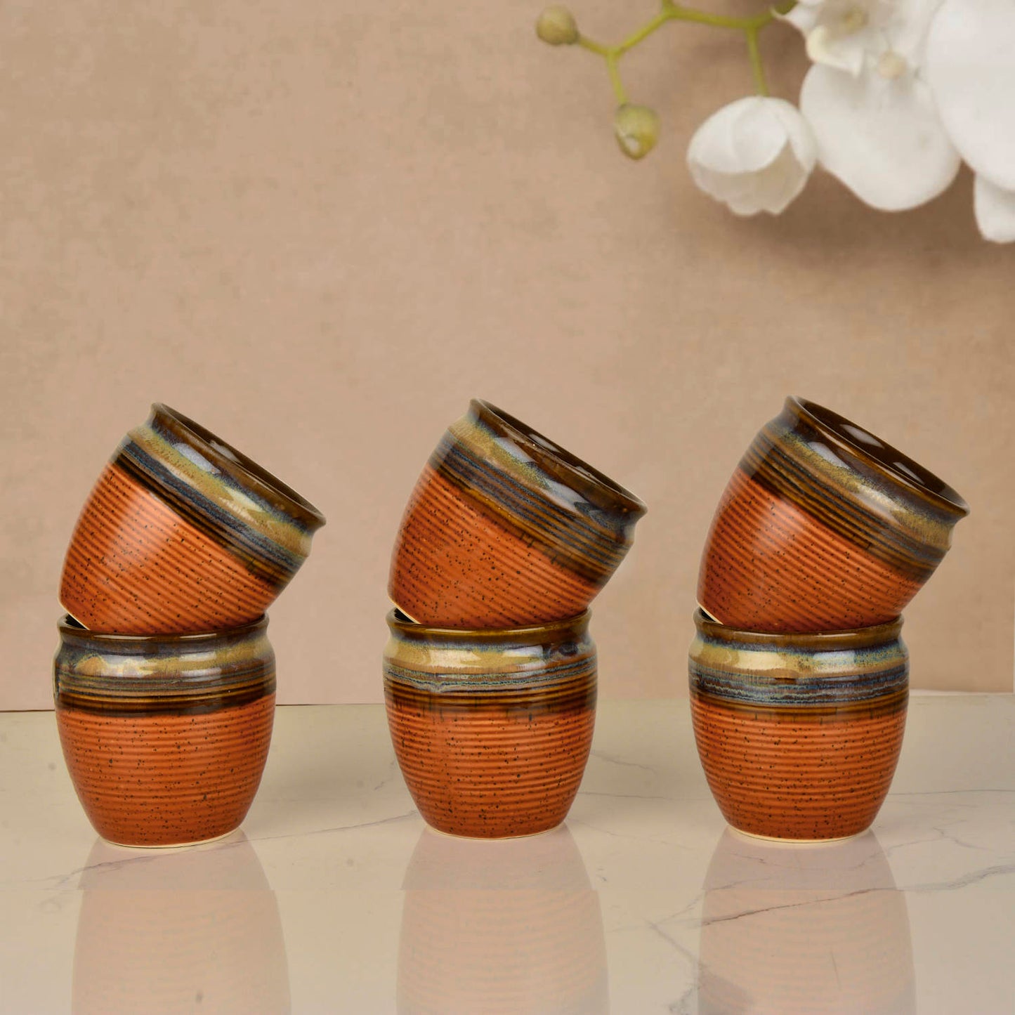 Studio Pottery Textured Ceramic Tea Kullads (Set of 6, Brown with Blue and Golden Drip Glaze, 200 ml) - View 3