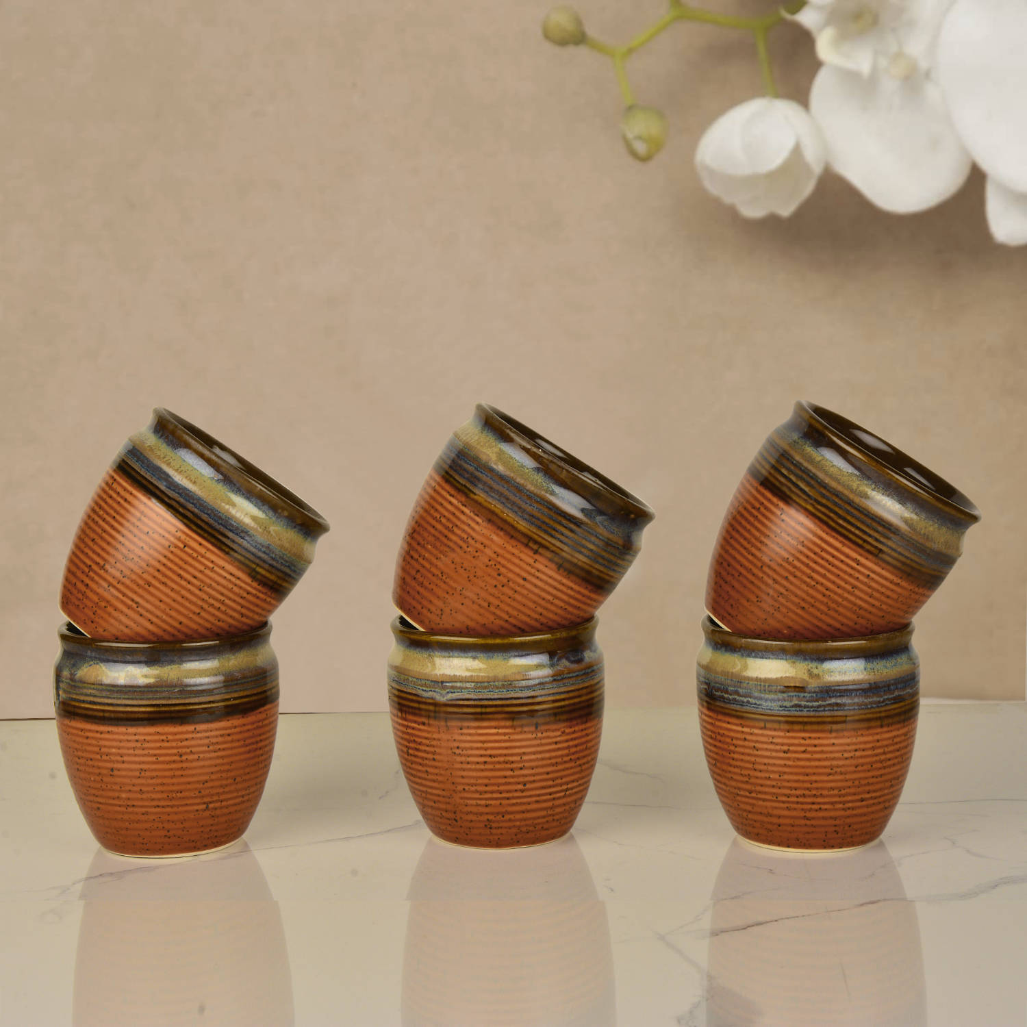 Studio Pottery Textured Ceramic Tea Kullads (Set of 6, Brown with Blue and Golden Drip Glaze, 200 ml) - View 3