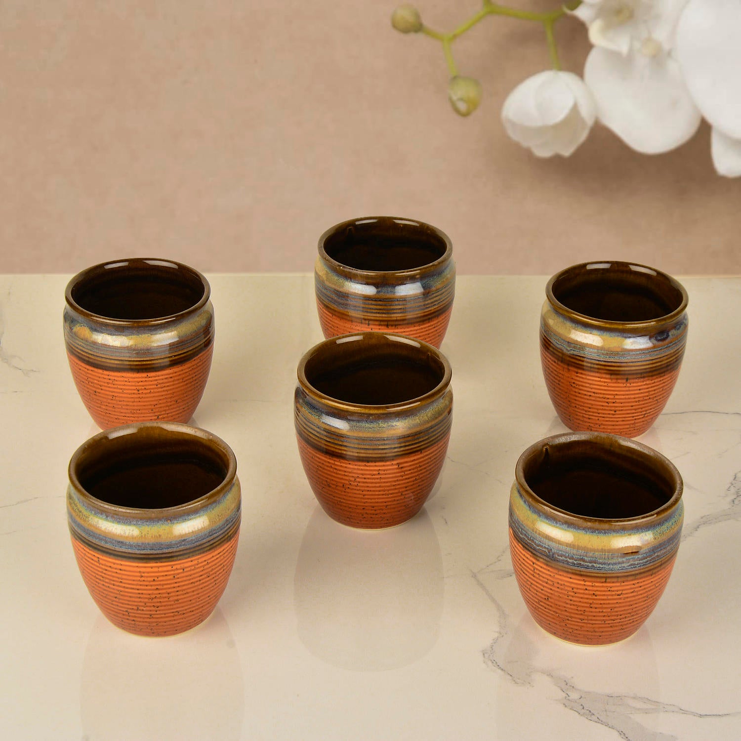 Studio Pottery Textured Ceramic Tea Kullads (Set of 6, Brown with Blue and Golden Drip Glaze, 200 ml) - View 4