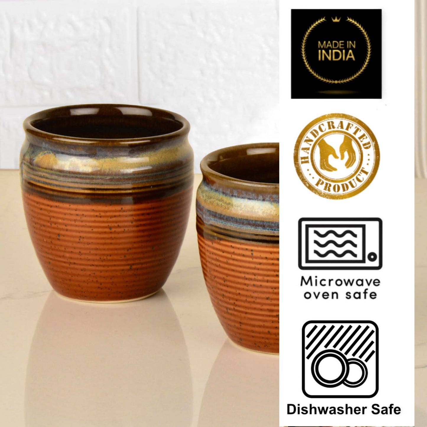 Studio Pottery Textured Ceramic Tea Kullads (Set of 6, Brown with Blue and Golden Drip Glaze, 200 ml) - View 5