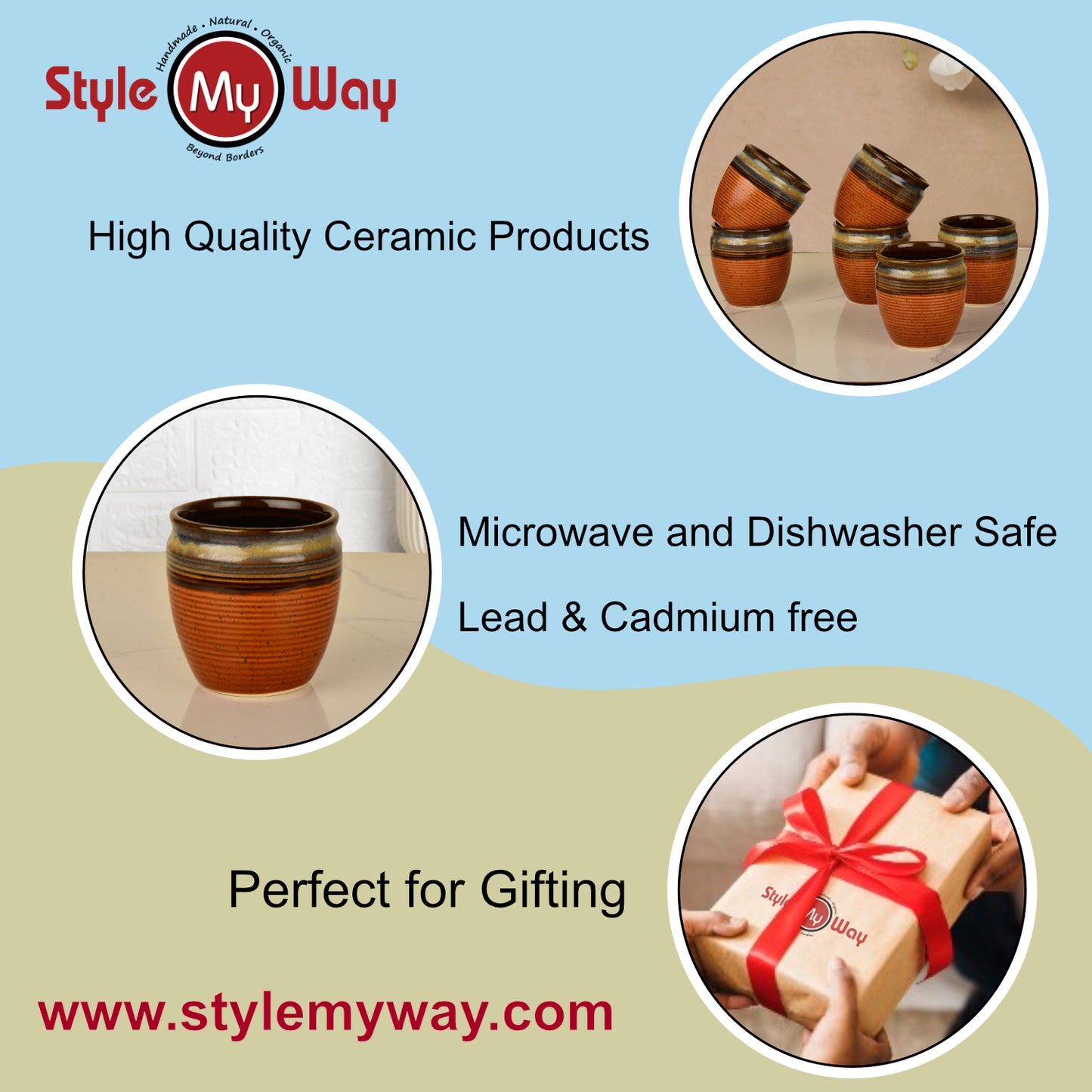 Studio Pottery Textured Ceramic Tea Kullads (Set of 6, Brown with Blue and Golden Drip Glaze, 200 ml) - View 6