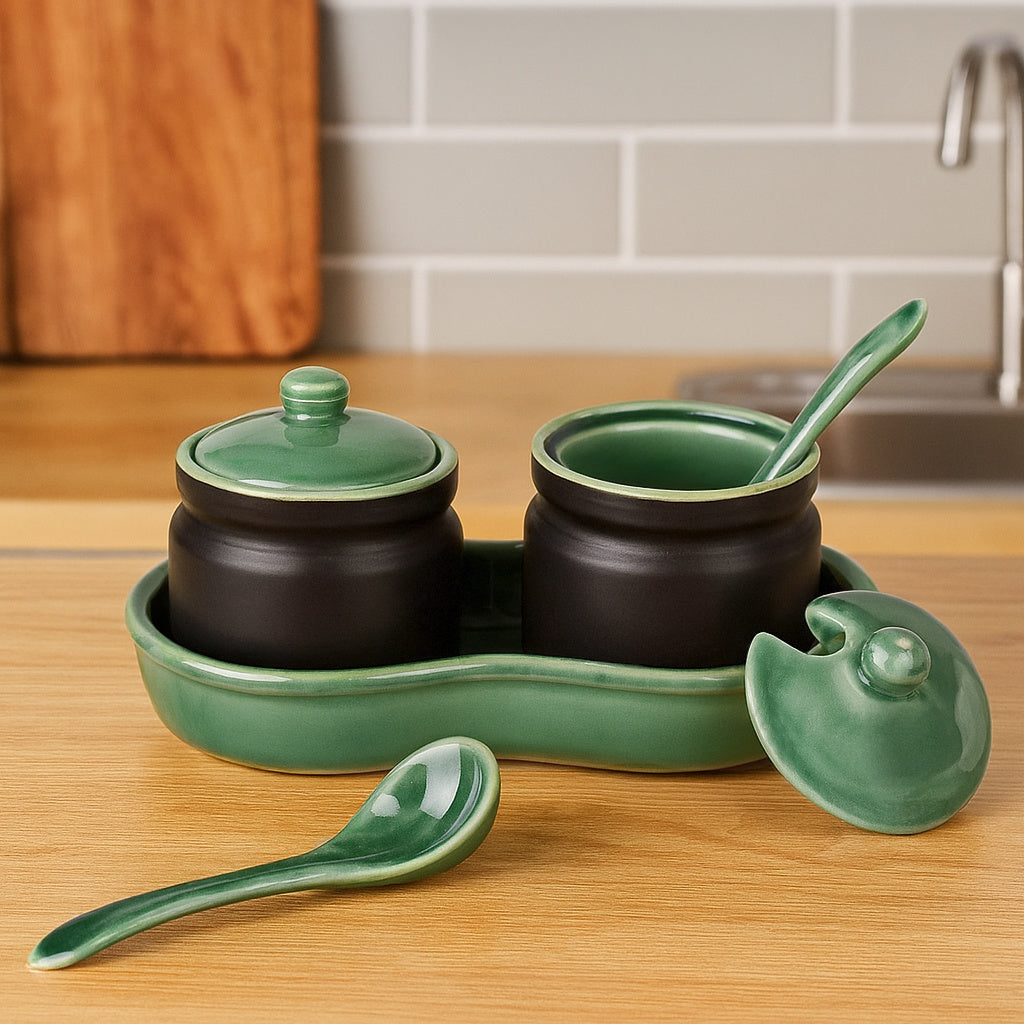 Studio Pottery Ceramic Pickle Jar Set with Tray & Spoon (Set of 2, Black and Green, 250 ml each)