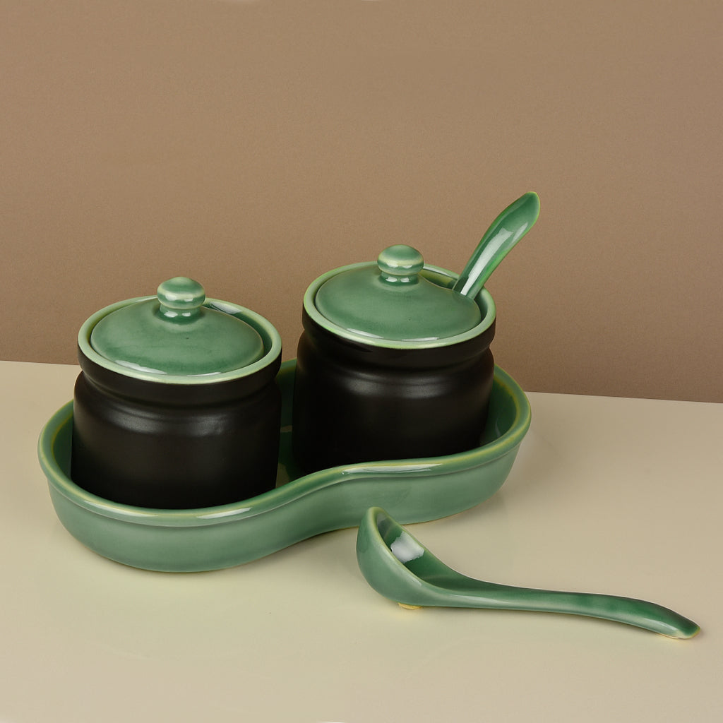Studio Pottery Ceramic Pickle Jar Set with Tray & Spoon (Set of 2, Black and Green, 250 ml each) - View 3